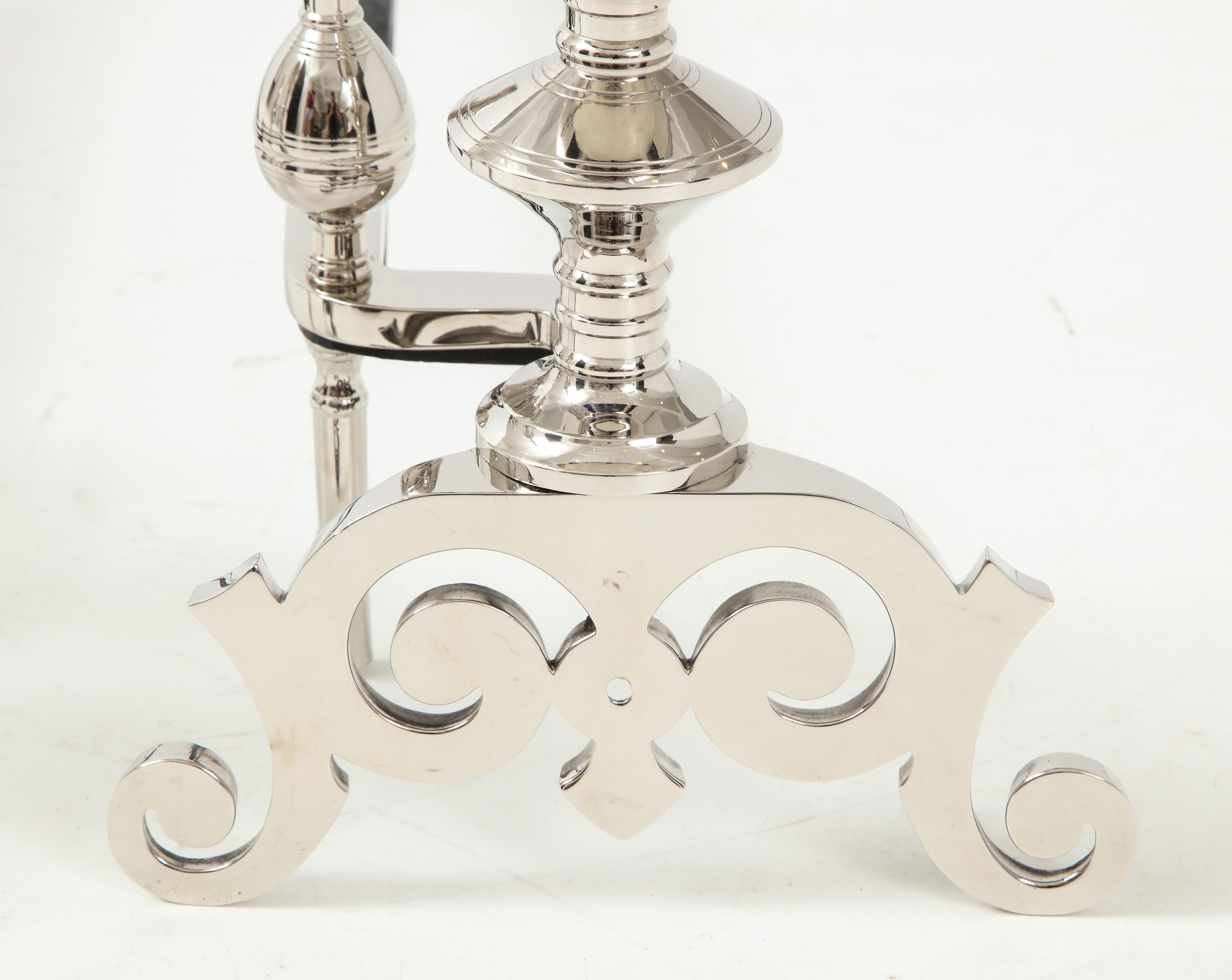 Art Deco Polished Nickel Spire Topped Andirons For Sale 3