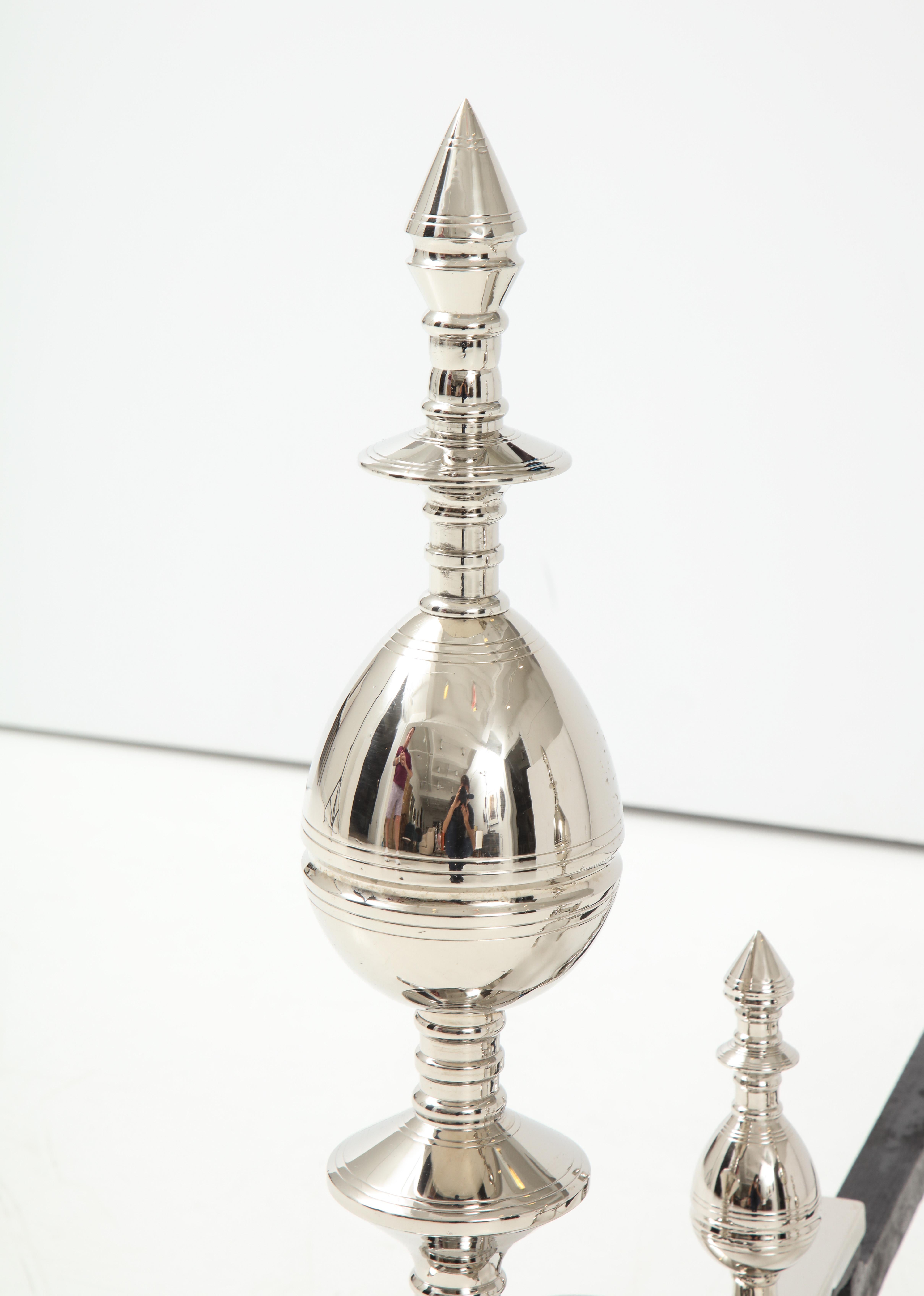 Art Deco Polished Nickel Spire Topped Andirons For Sale 4
