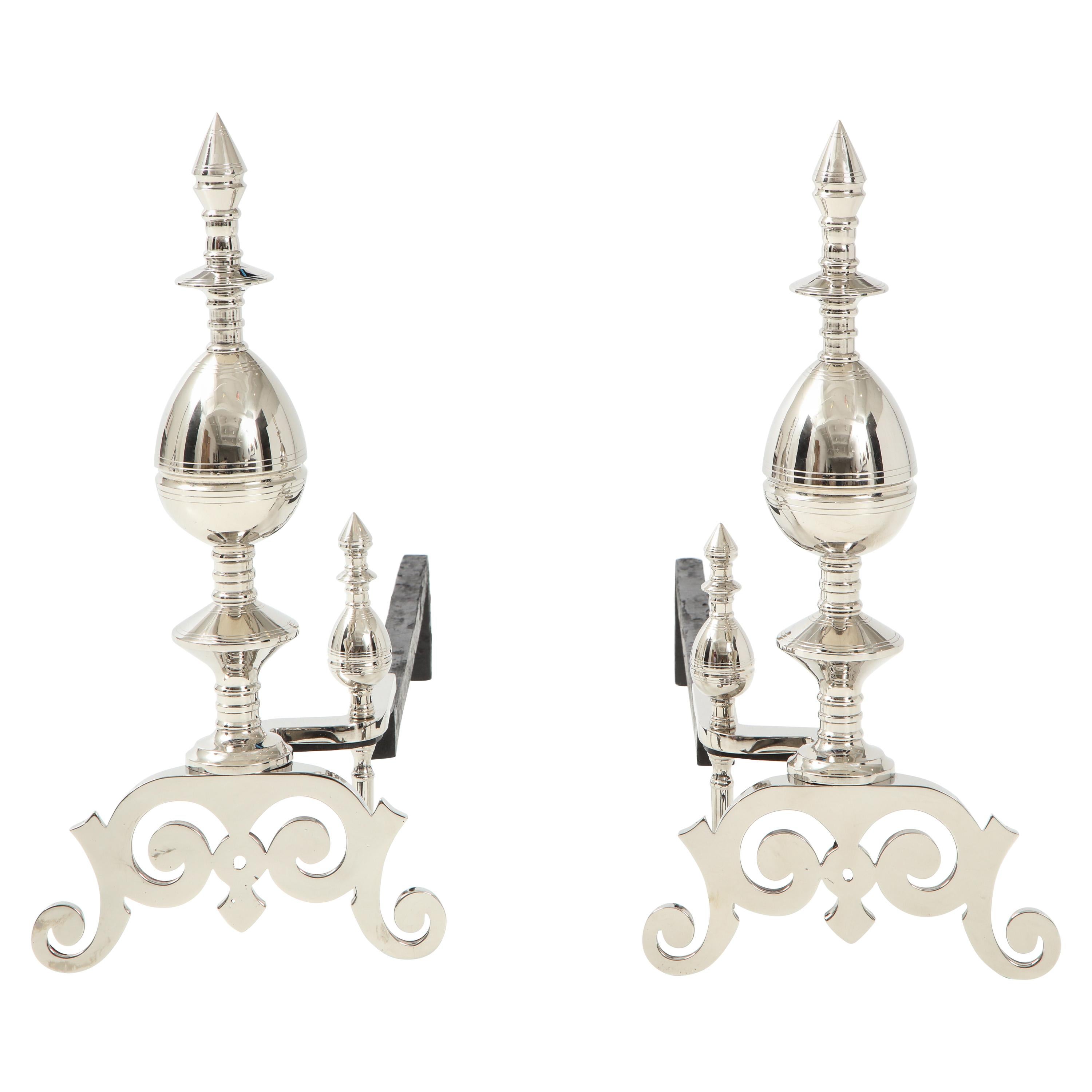 Art Deco Polished Nickel Spire Topped Andirons For Sale