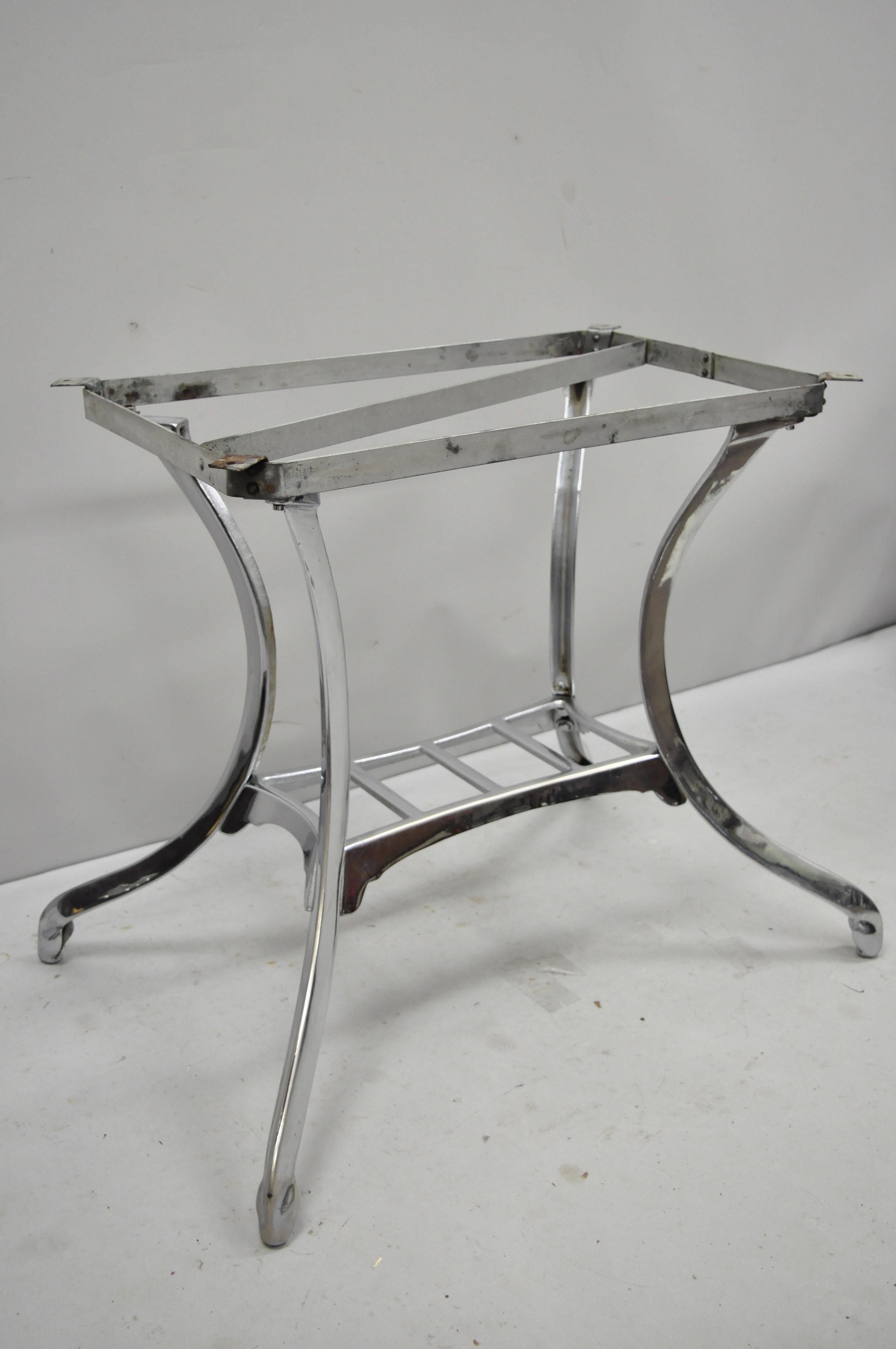 Vintage Art Deco Polished Steel Sculptural Dining Table Base by Chicago Foundry HDW Co. Item features polished steel metal frame, stretcher base, quality American craftsmanship, sleek sculptural form. Approximately 40 lbs. Stamped 