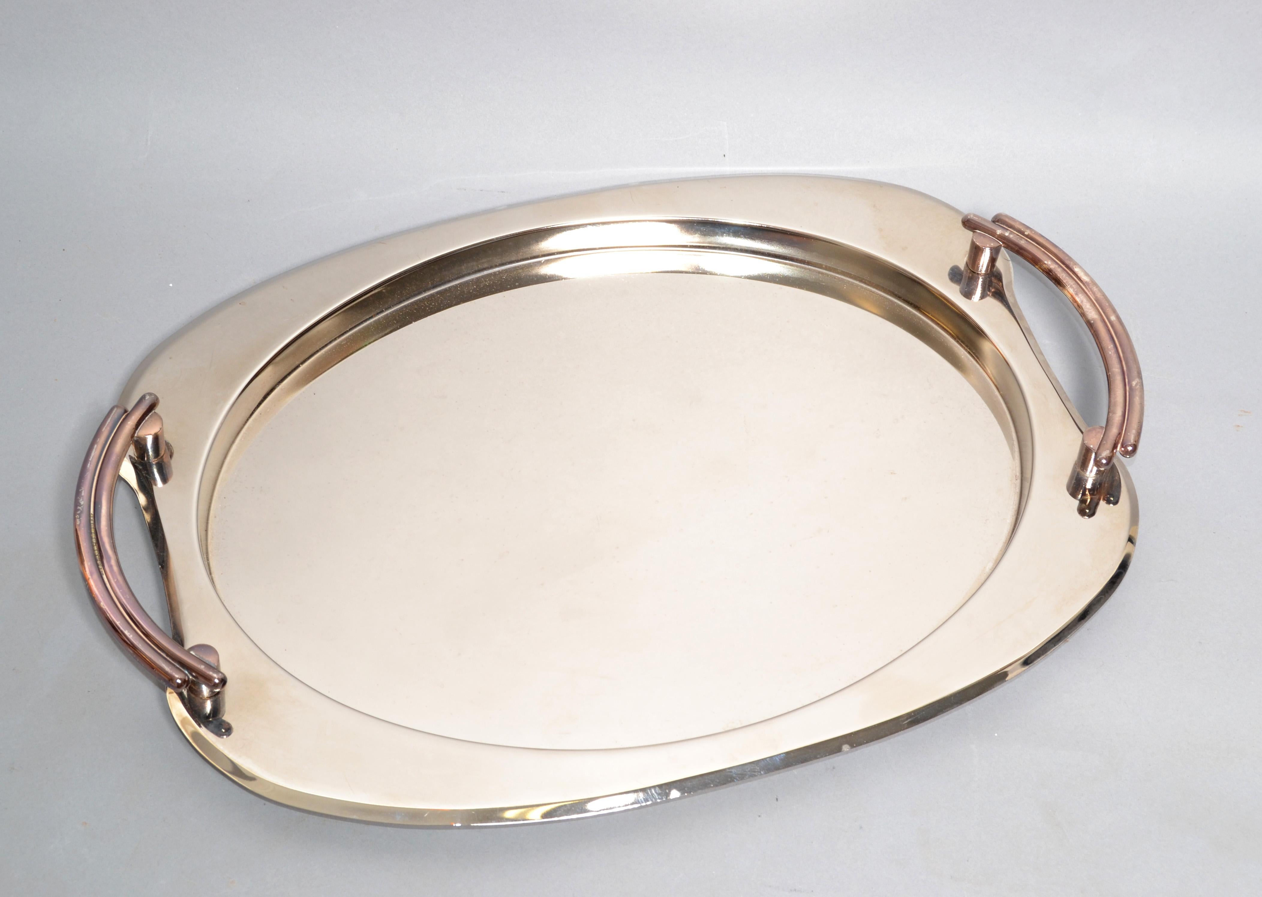Art Deco Polished Steel & Silver Serveware Platter Barware Serving Tray 1950  For Sale 10