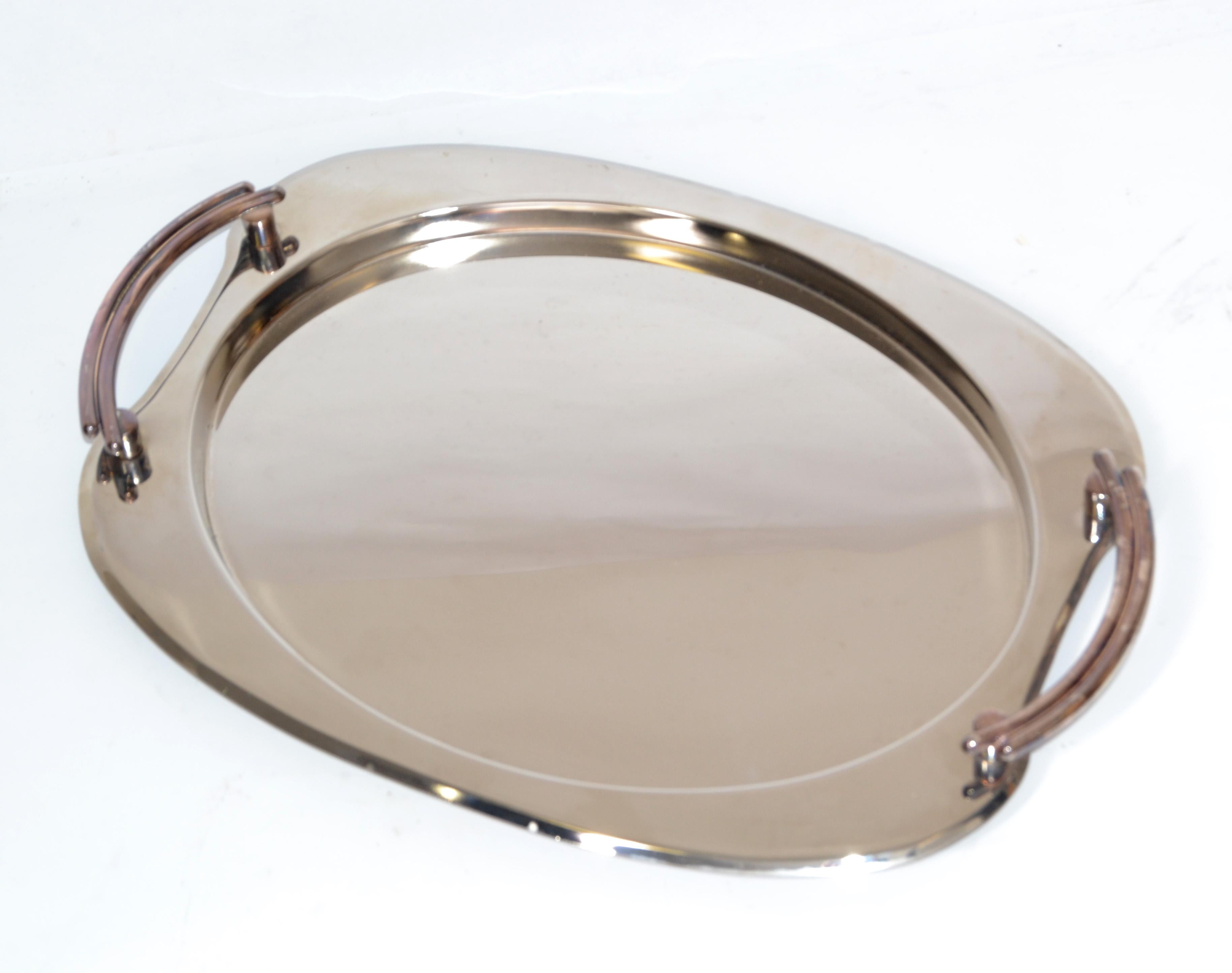 Italian Art Deco Polished Steel & Silver Serveware Platter Barware Serving Tray 1950  For Sale