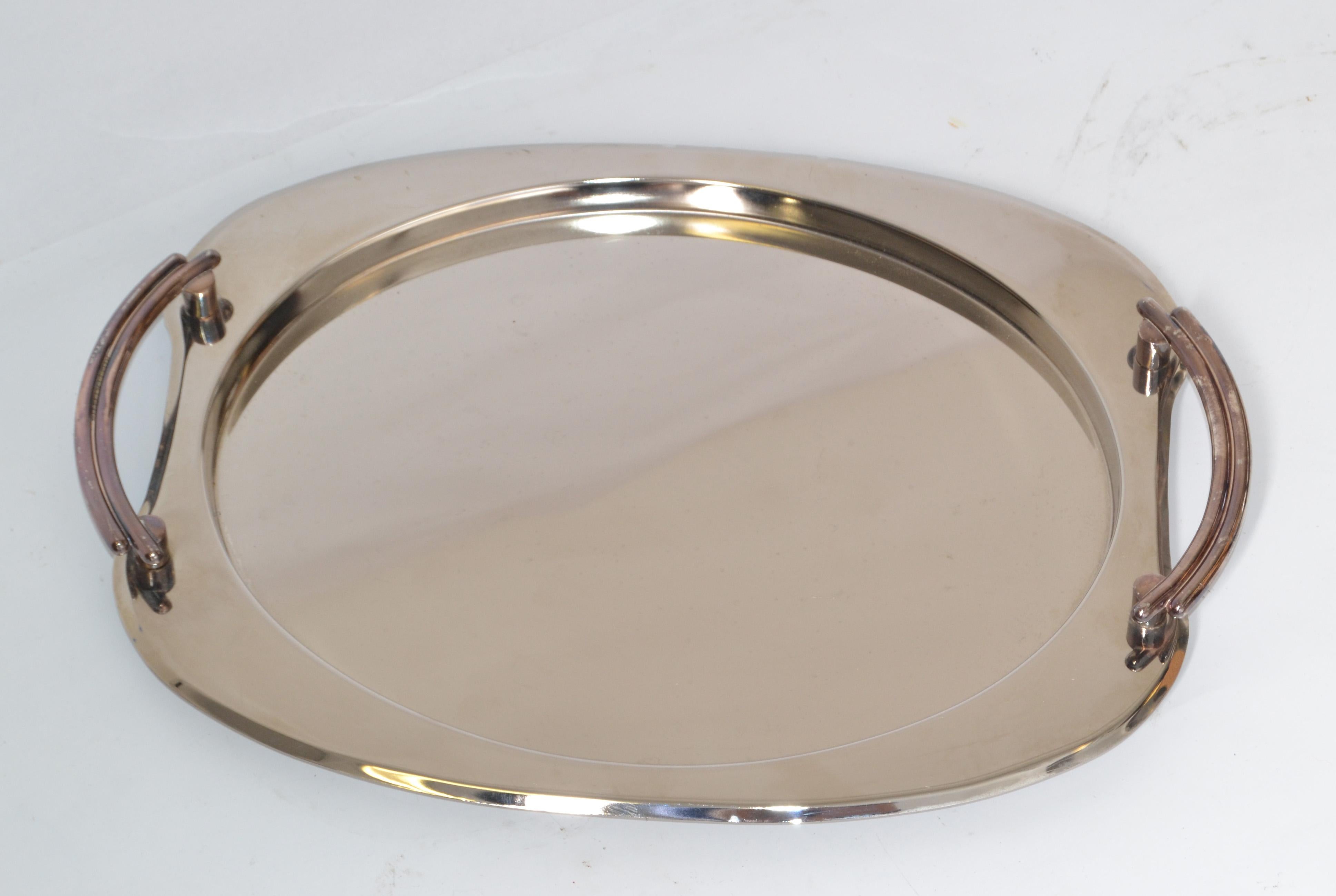 Art Deco Polished Steel & Silver Serveware Platter Barware Serving Tray 1950  In Good Condition For Sale In Miami, FL
