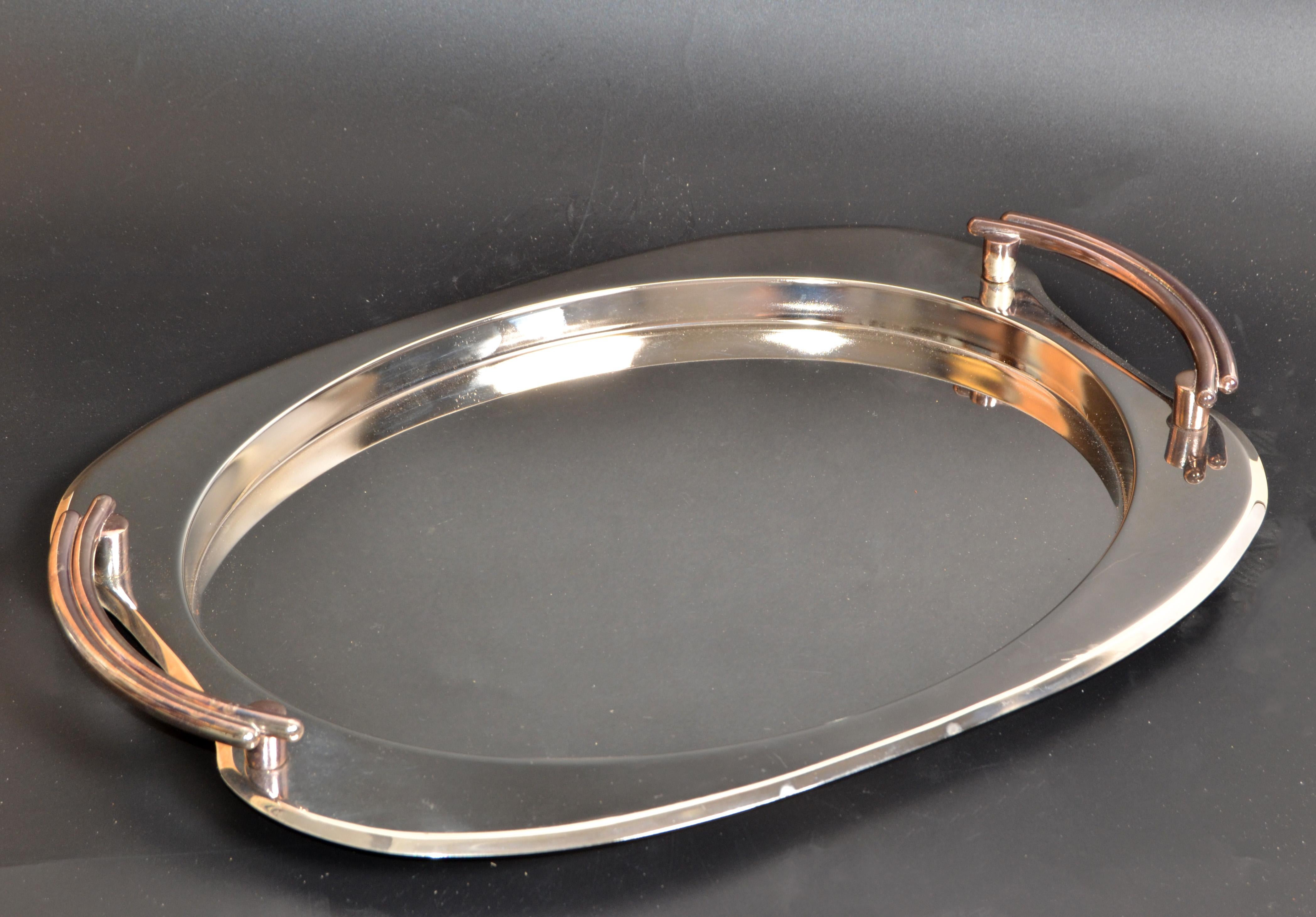 Art Deco Polished Steel & Silver Serveware Platter Barware Serving Tray 1950  For Sale 1