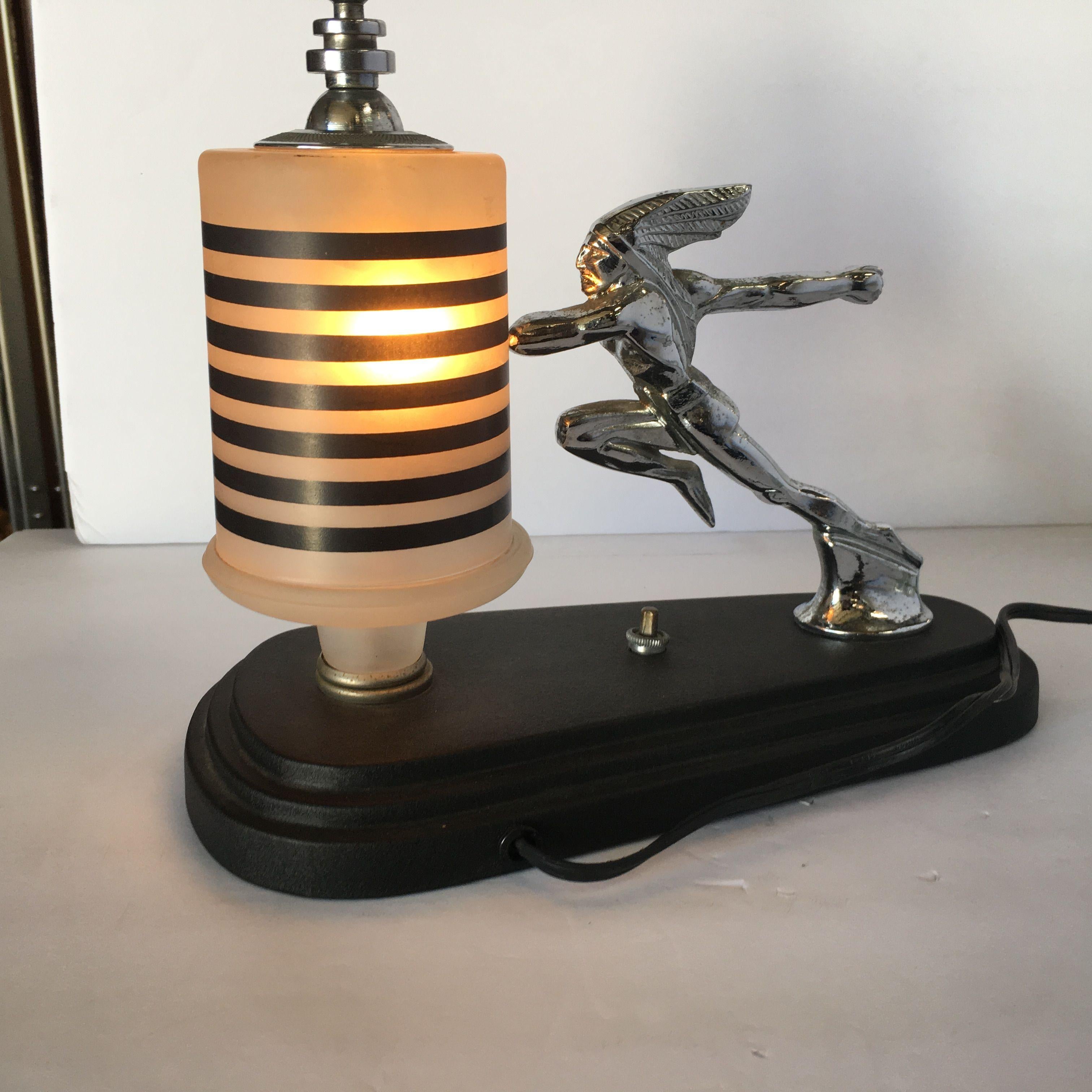 Late 20th Century Art Deco Pontiac Running Red Indian Hood Ornament Lamp