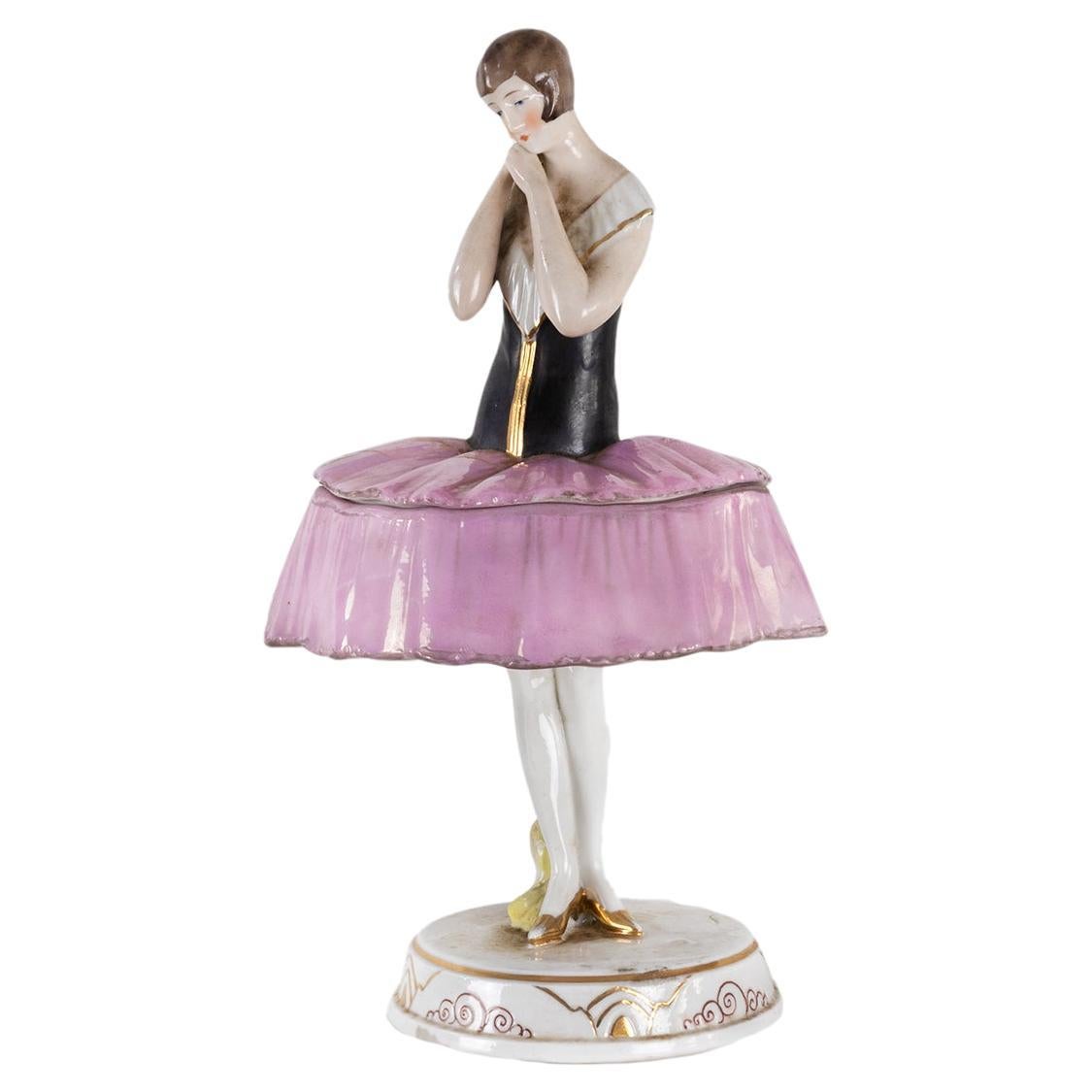 Joyero o polvera de bailarina de porcelana Art Déco, Alemania, años 30