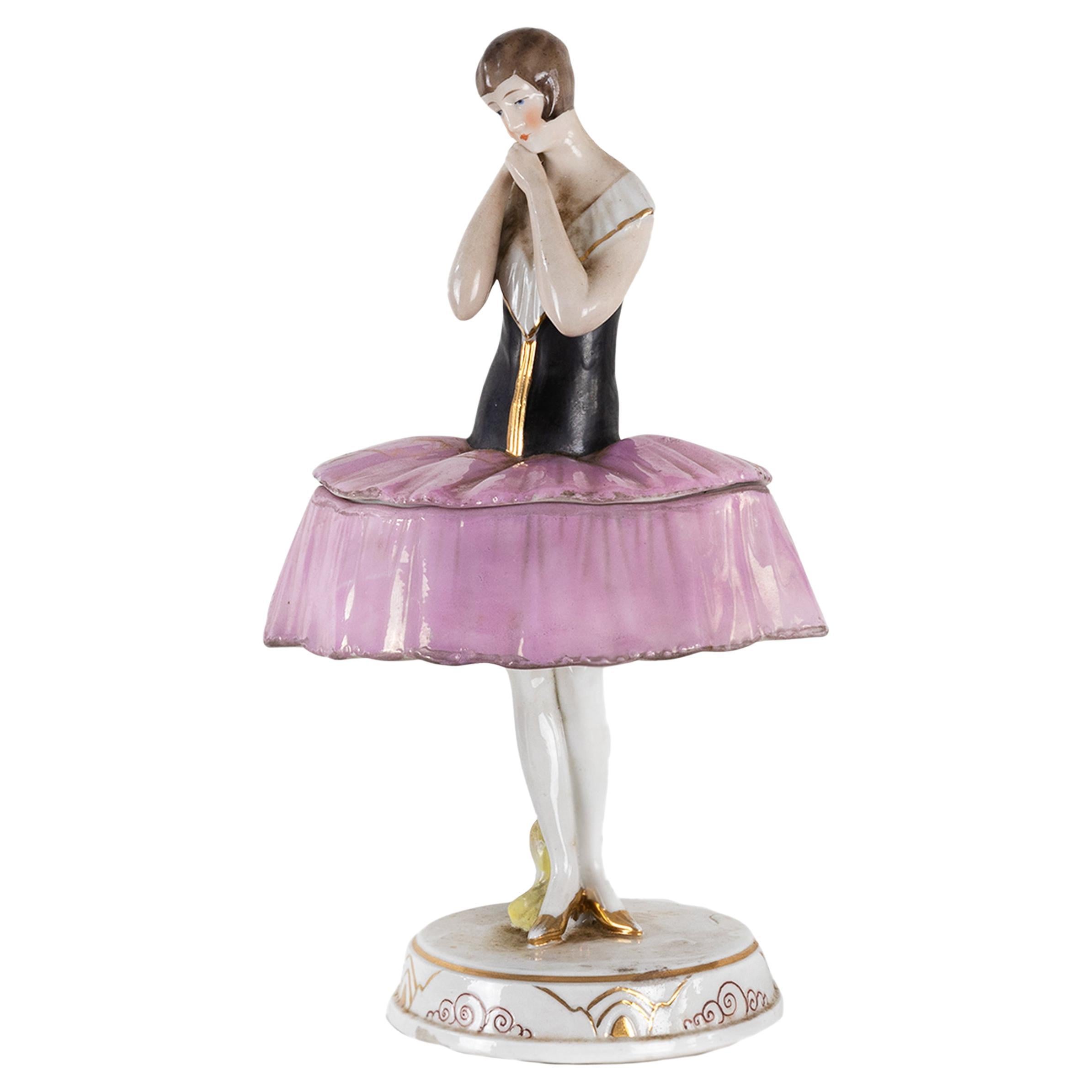 Art Deco Porcelain Ballerina Jewelry or Powder Box, Germany, 1930s For Sale