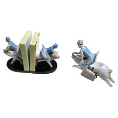 Art Deco Porcelain Bookends & Trinket Dish, Flapper Girl on Pig, Set of 3
