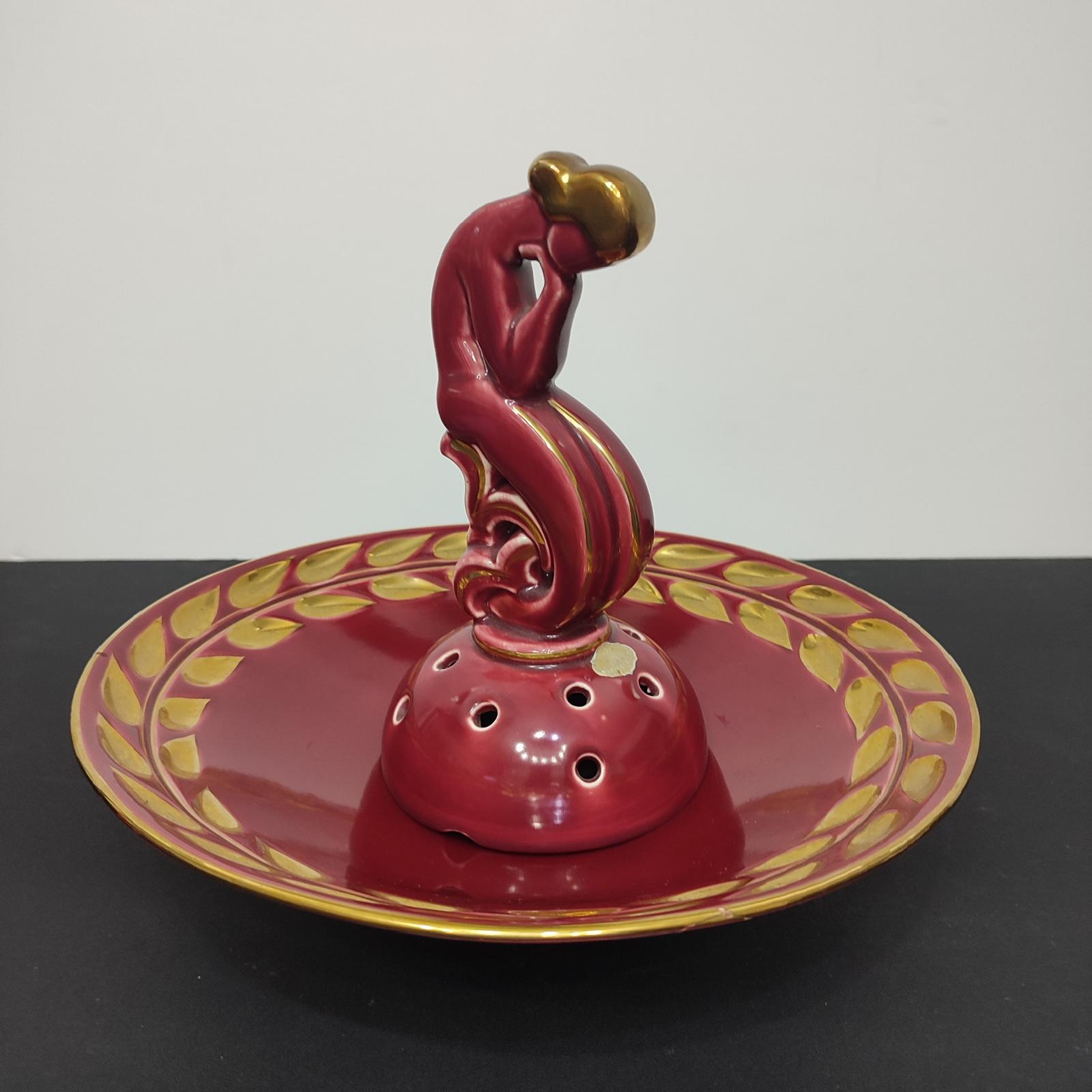 Swedish Art Deco Porcelain Bowl and Flower Stand, Ruby Red, Arthur Percy for Gefle For Sale