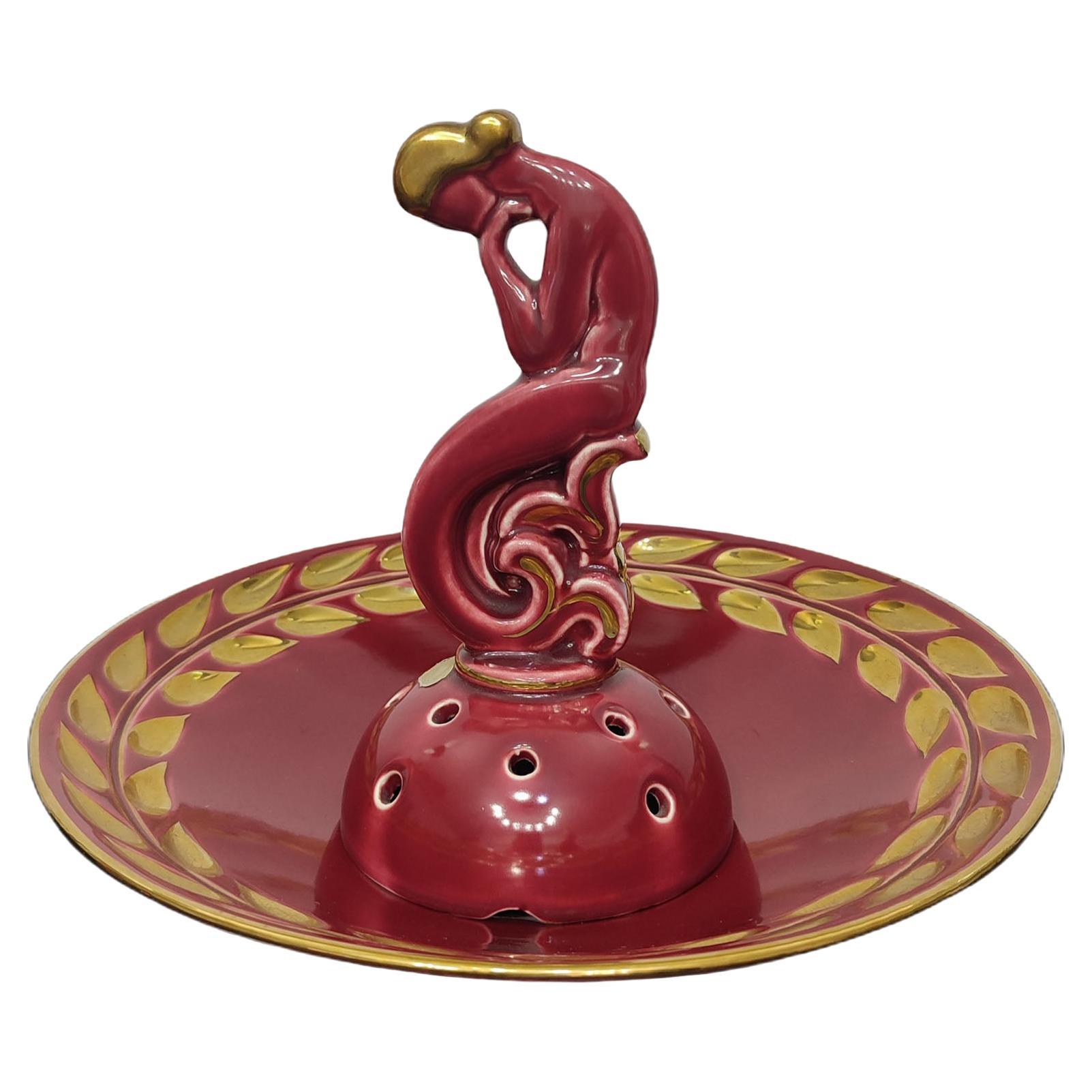 Art Deco Porcelain Bowl and Flower Stand, Ruby Red, Arthur Percy for Gefle