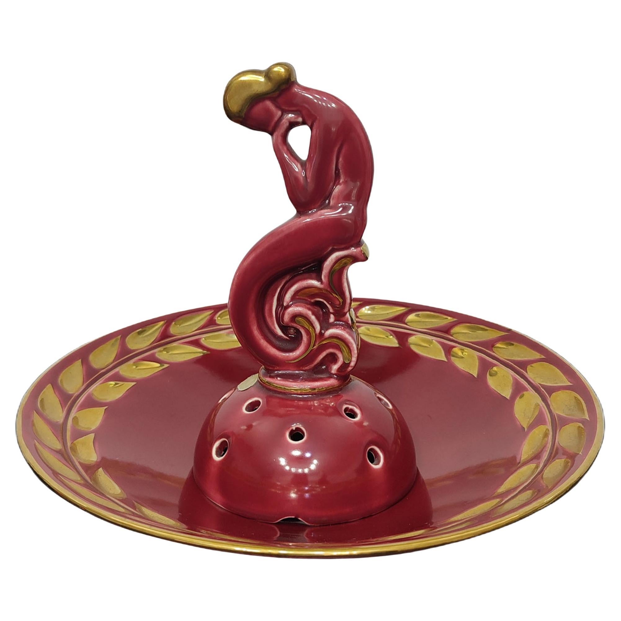 Bol et stand de fleurs en porcelaine Art Déco, rouge rubis, Arthur Percy pour Gefle
