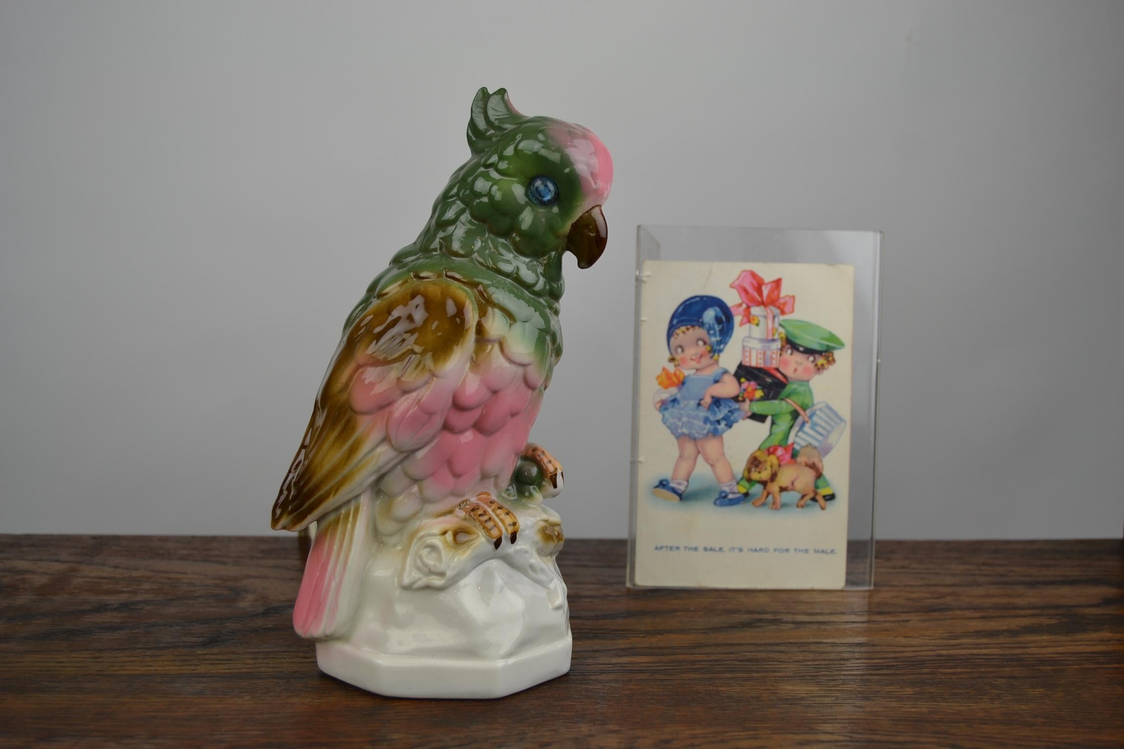 Porcelain perfume lamp, perfume Light in the shape of a cockatoo bird - Parrot.
For this tropical bird table lamp, they used the colors pink, green and brown. 
Very beautiful condition for his age. 
Table lamp - side lamp in the shape of a