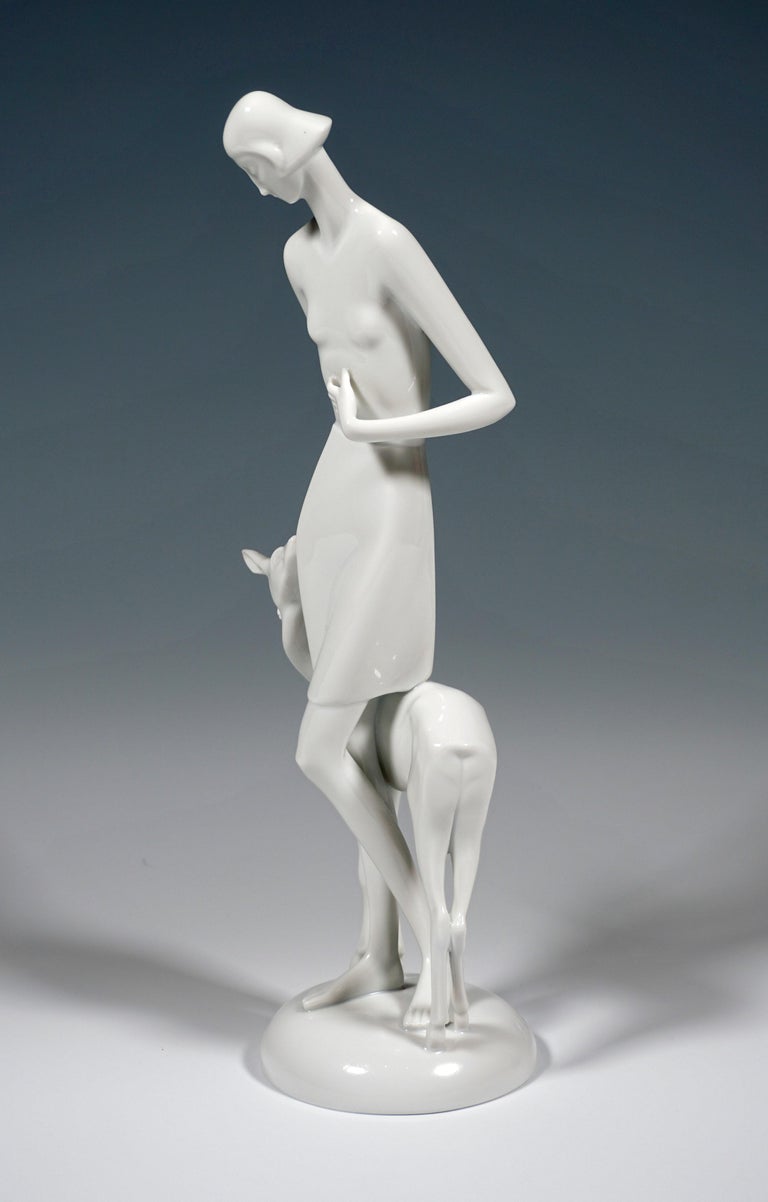 Hand-Crafted Art Déco Porcelain Figure 'Girl With Deer' by Schliepstein, Rosenthal Germany For Sale