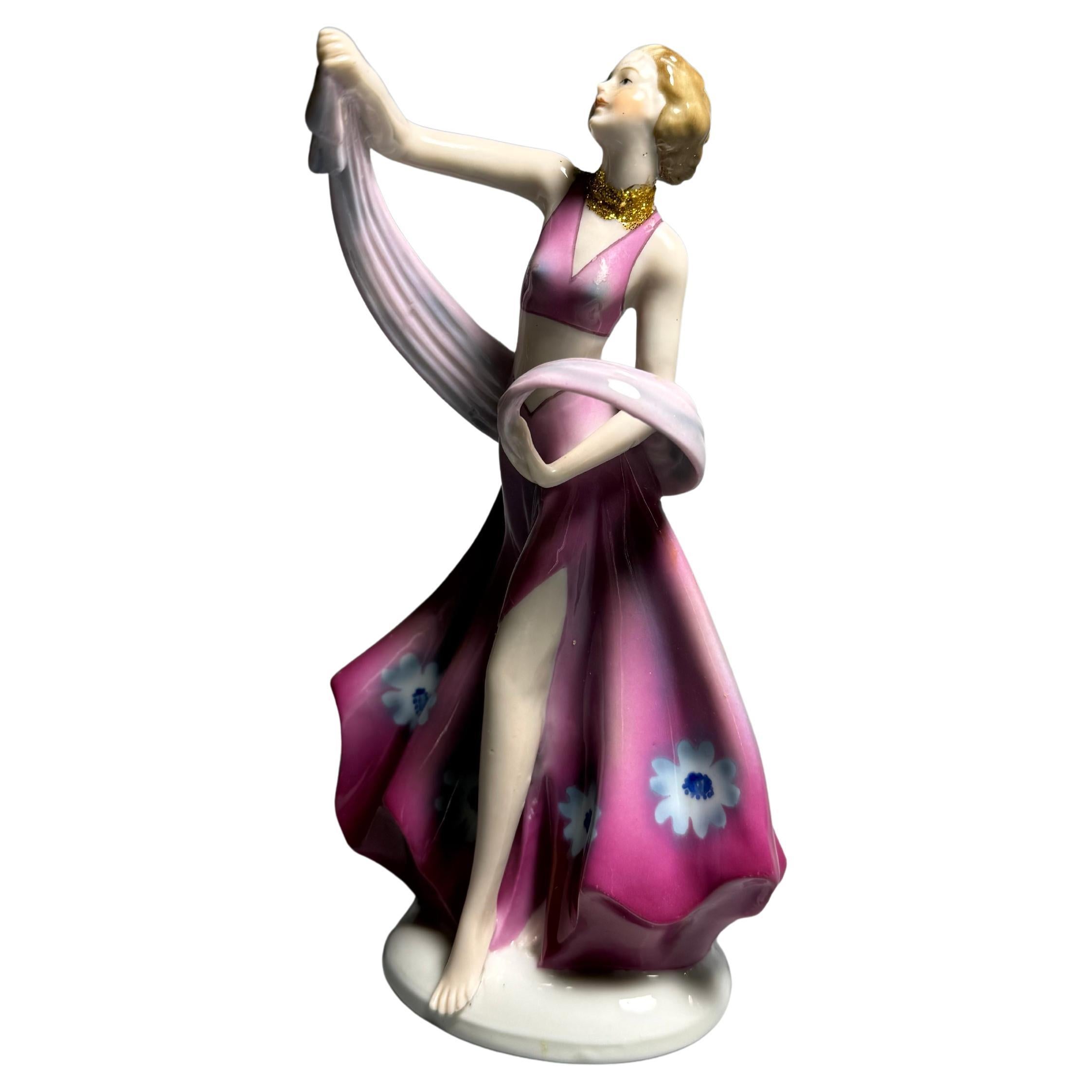 Figura de Porcelana Art Decó Mujer Bailarina Rosa Fasold & Strauch Alemania