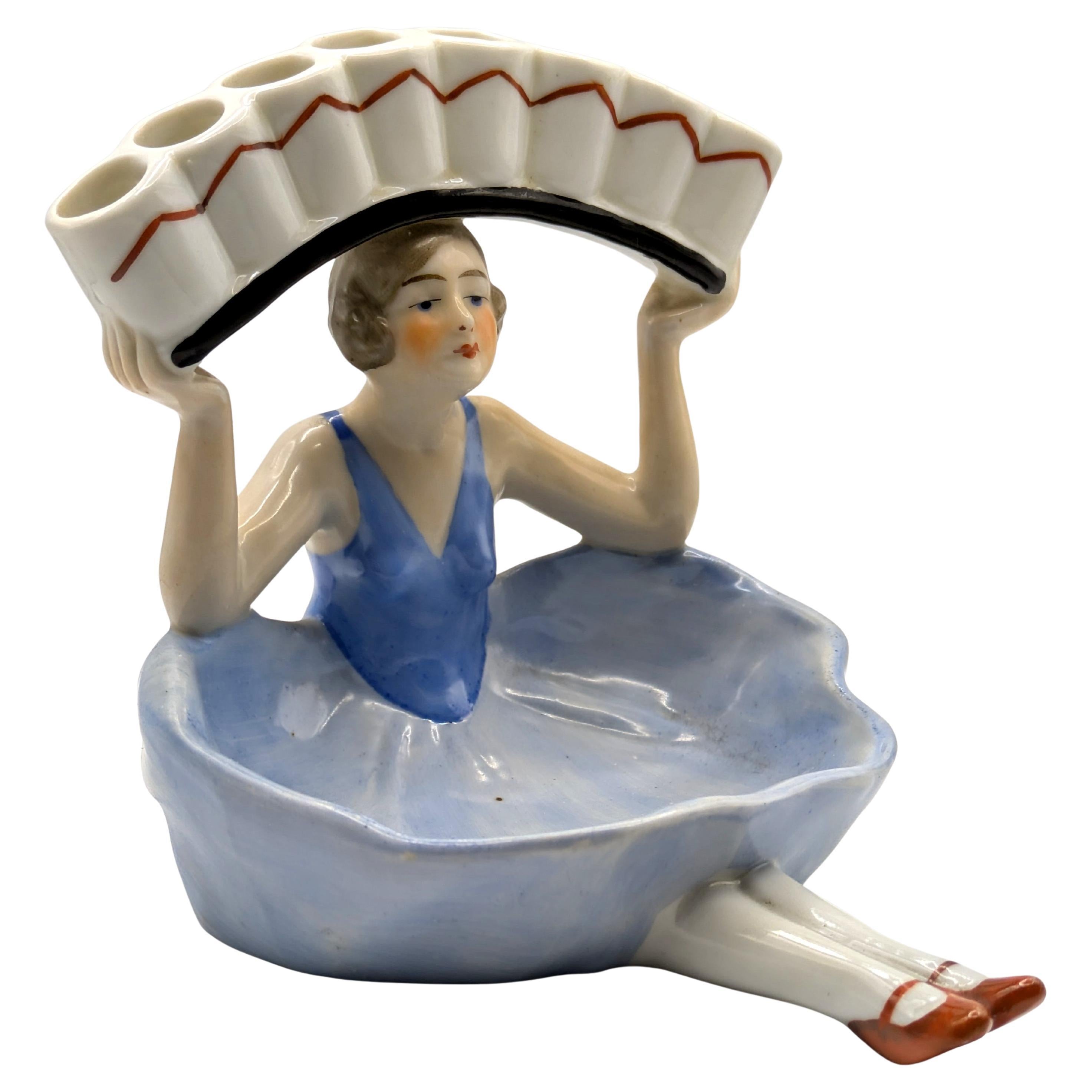 Art Deco Porcelain Flapper Girl Half Doll Cigarette Striker, French, c1930