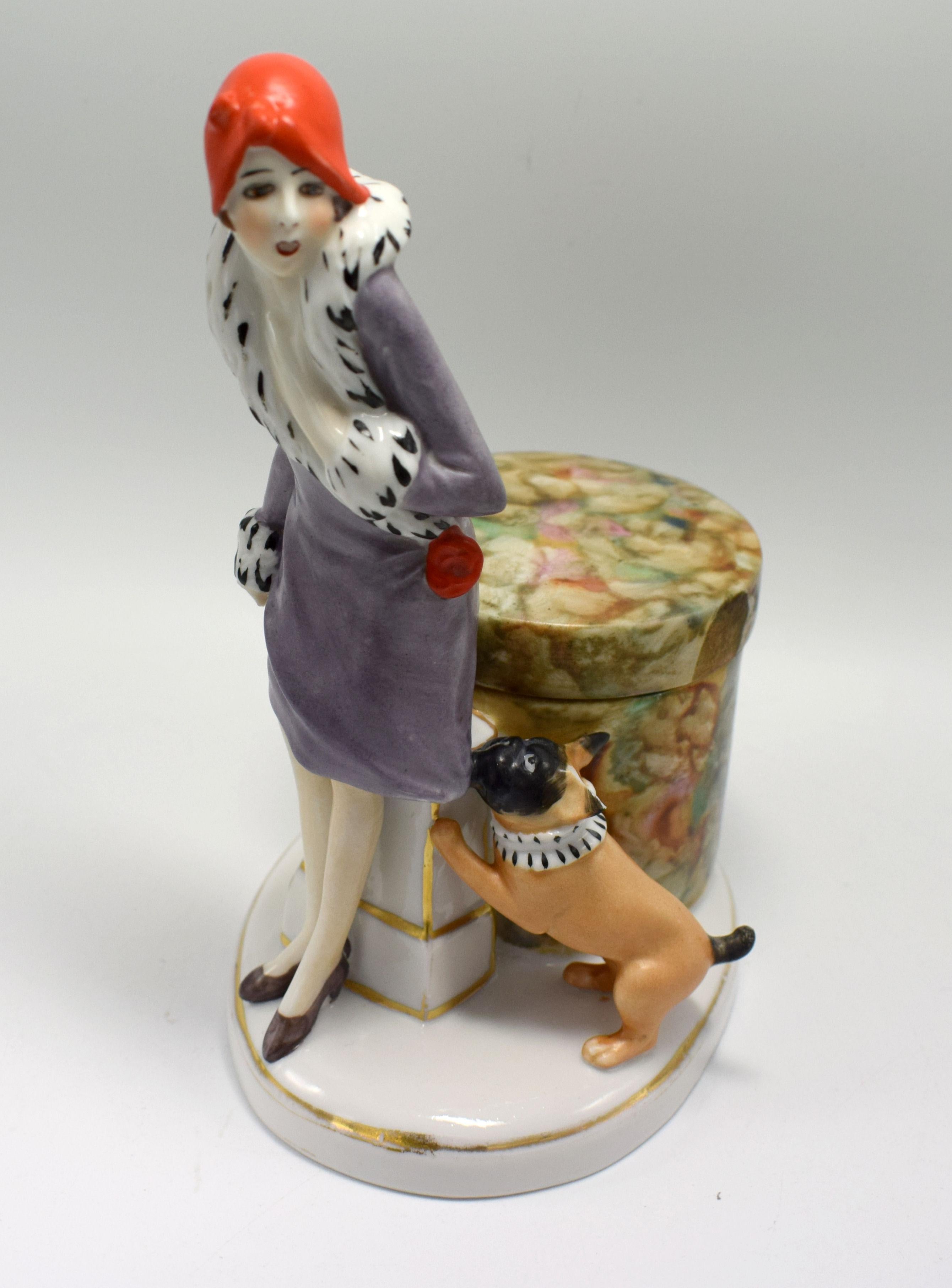 Art Deco Porcelain Flapper Girl Half Doll Dresser Powder/ Trinket Box circa 1930 5