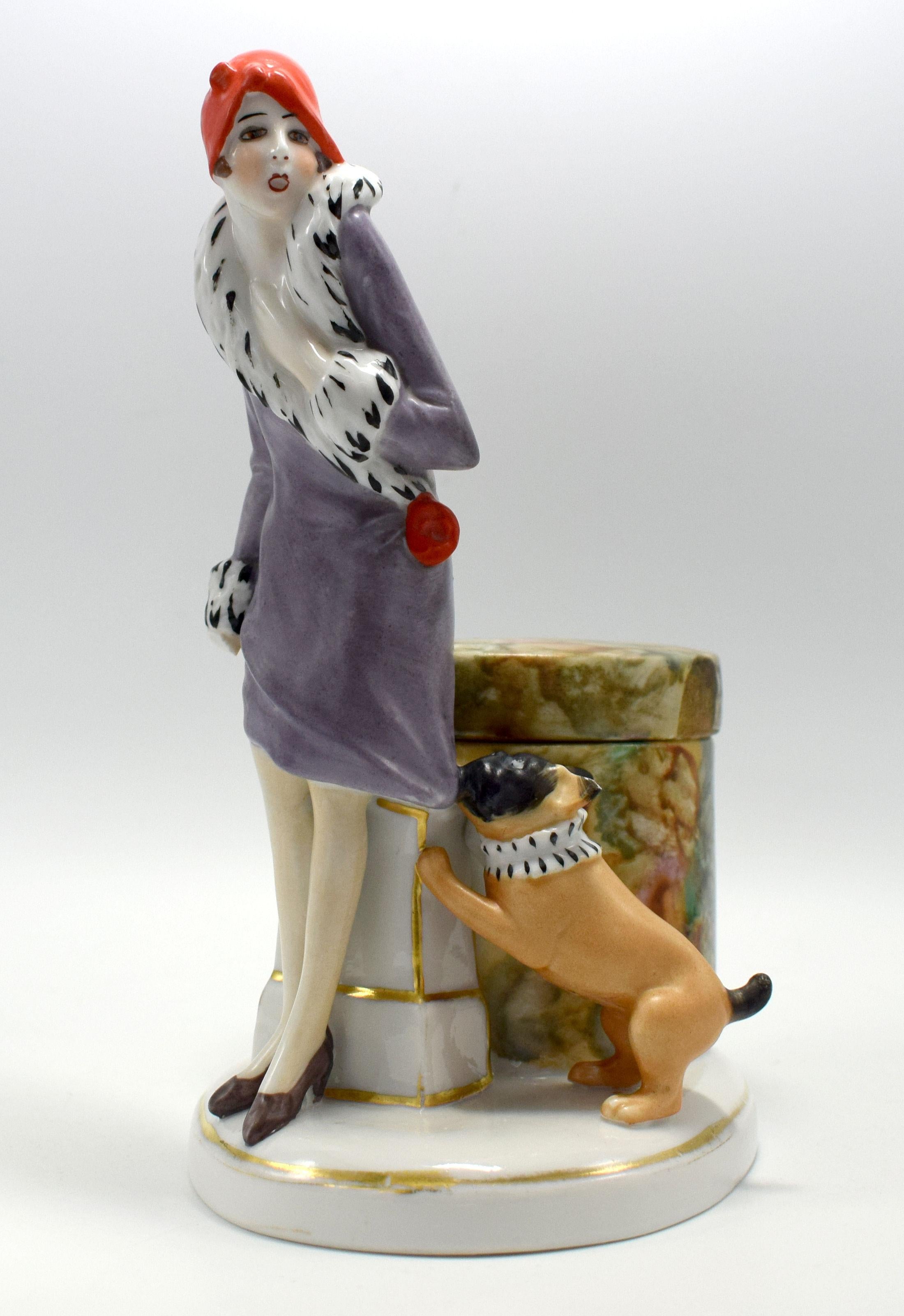 Art Deco Porcelain Flapper Girl Half Doll Dresser Powder/ Trinket Box circa 1930 2
