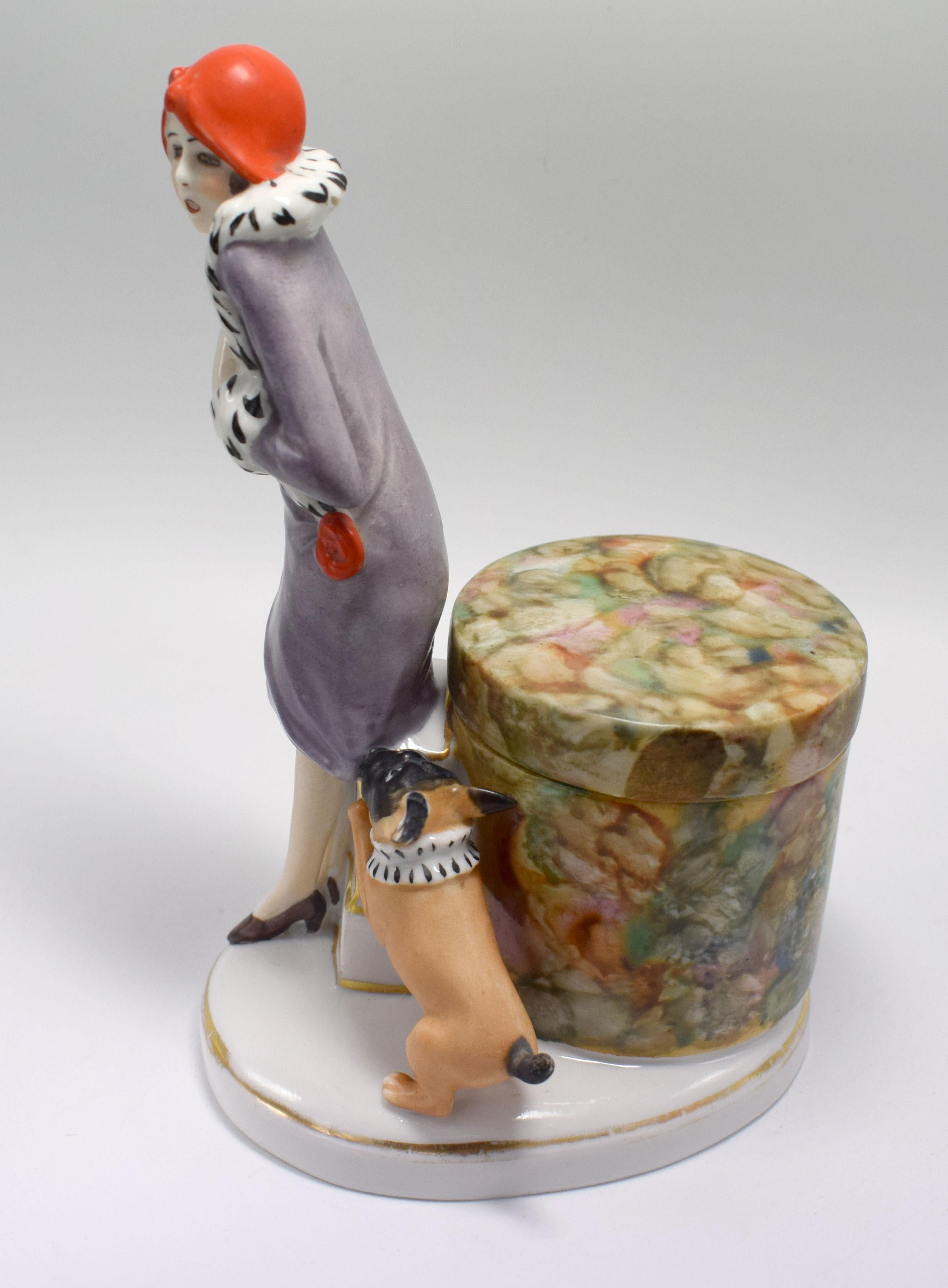 Art Deco Porcelain Flapper Girl Half Doll Dresser Powder/ Trinket Box circa 1930 3