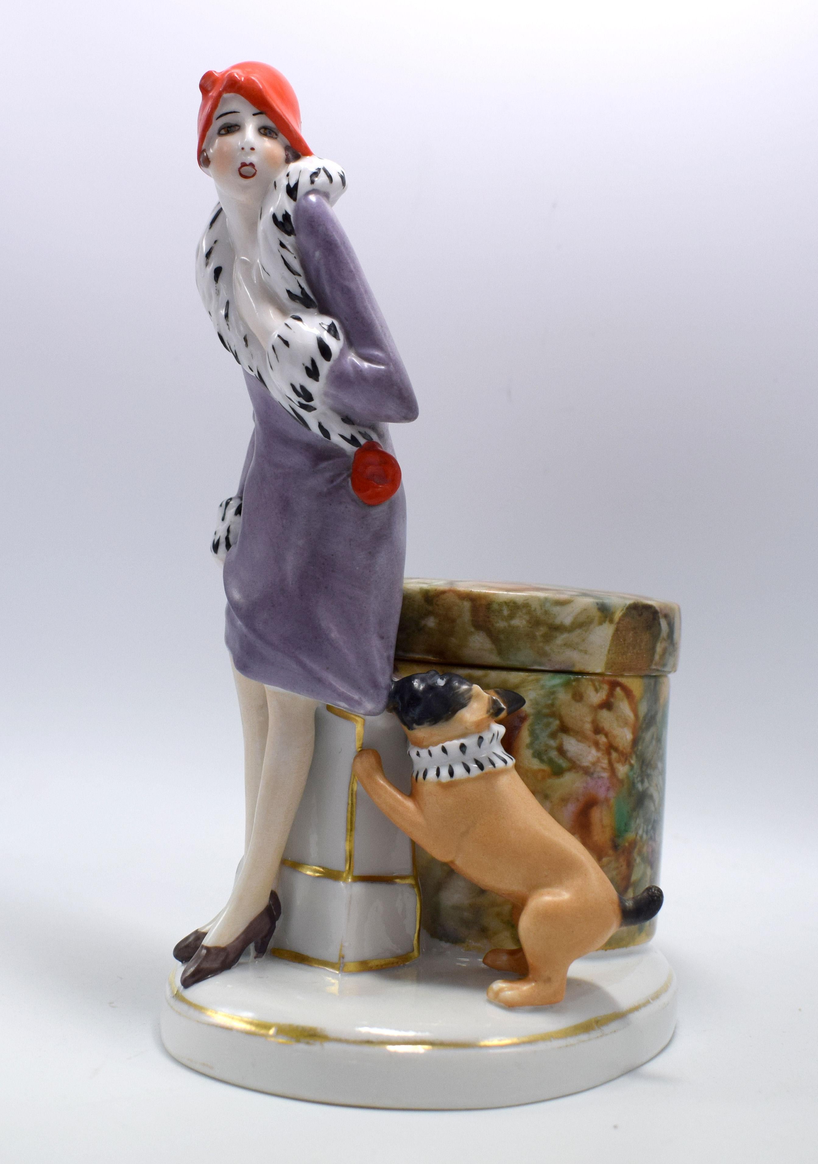 Art Deco Porcelain Flapper Girl Half Doll Dresser Powder/ Trinket Box circa 1930 4