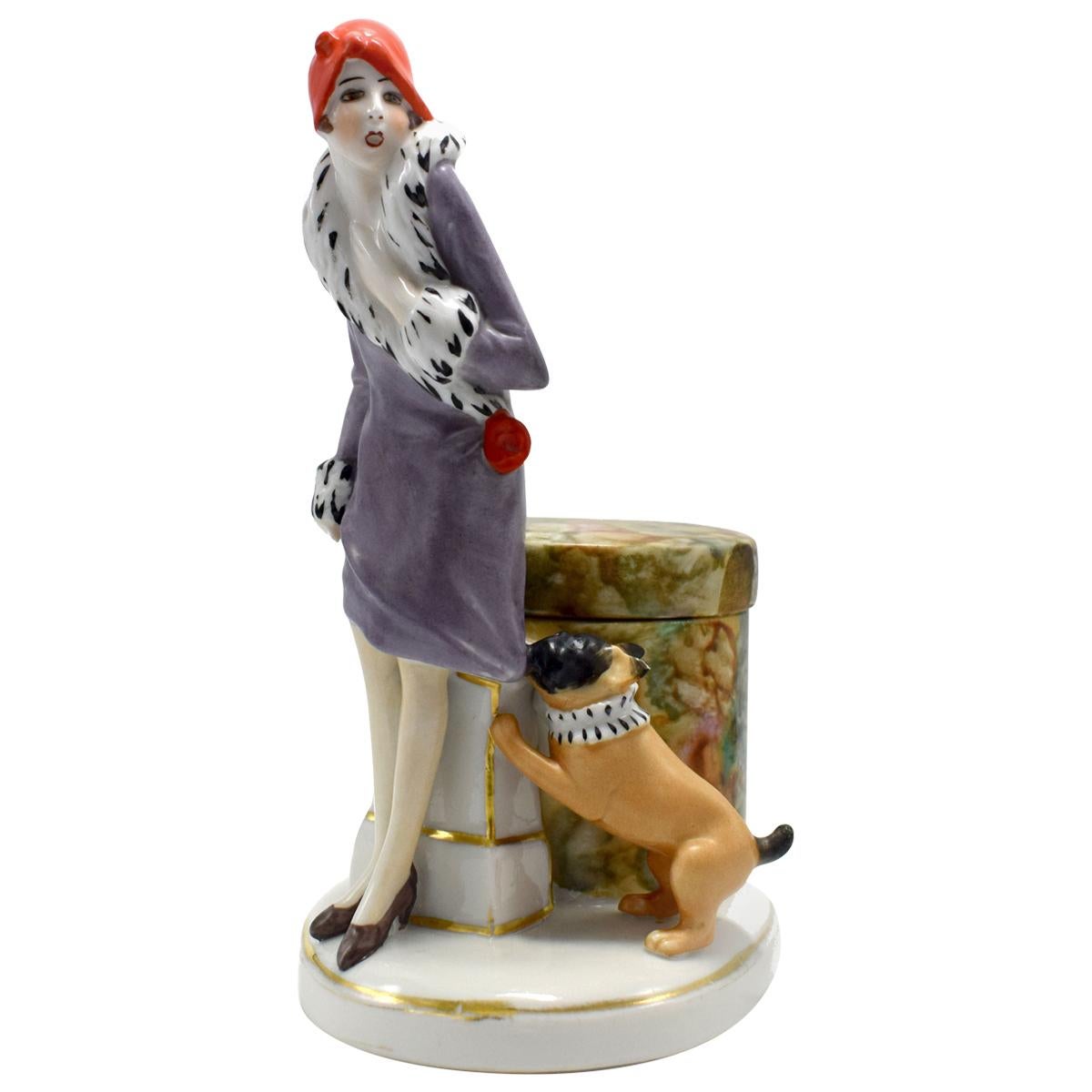 Art Deco Porcelain Flapper Girl Half Doll Dresser Powder/ Trinket Box circa 1930