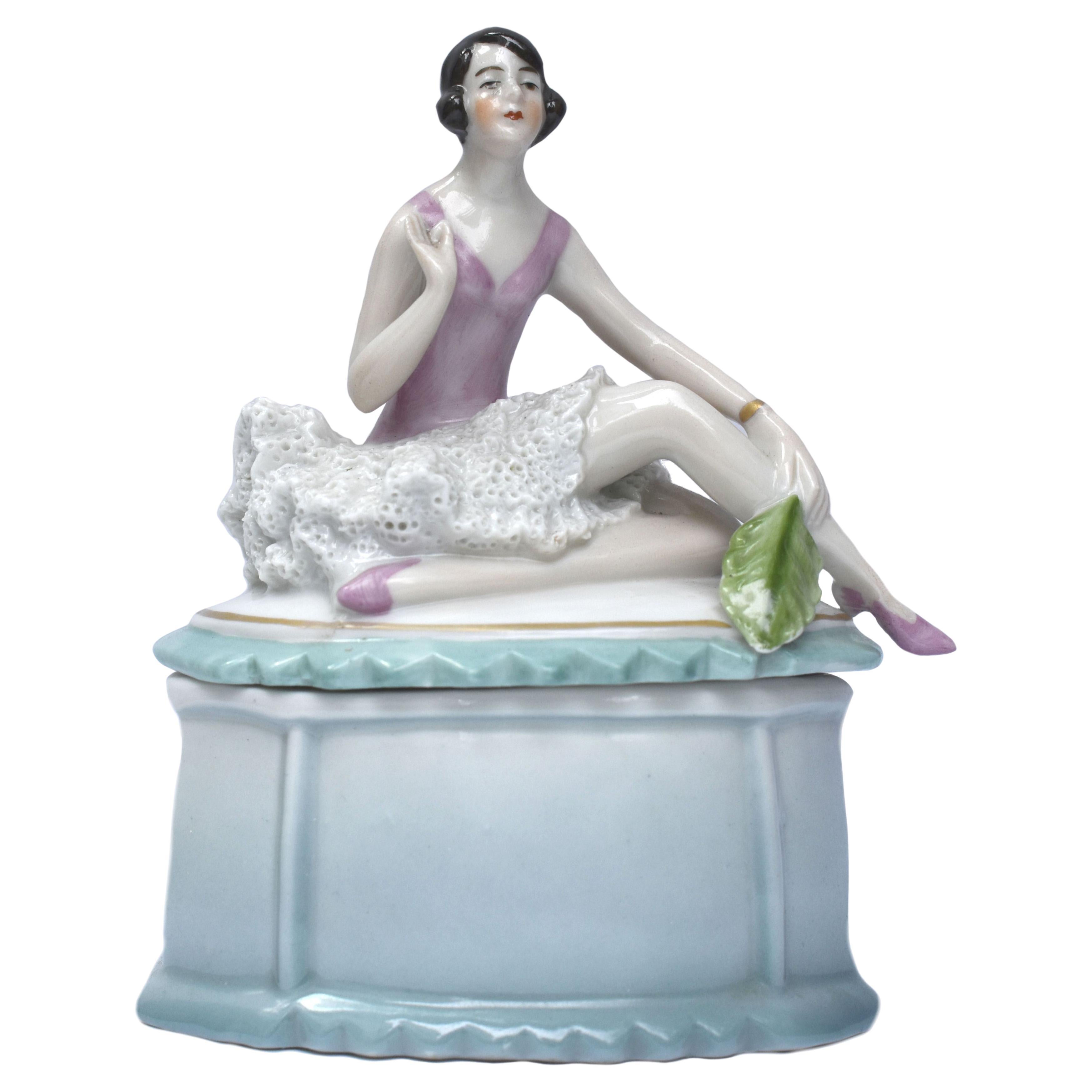 Art Deco Porcelain Flapper Powder, Trinket Box, c1930s For Sale