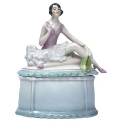 Vintage Art Deco Porcelain Flapper Powder, Trinket Box, c1930s