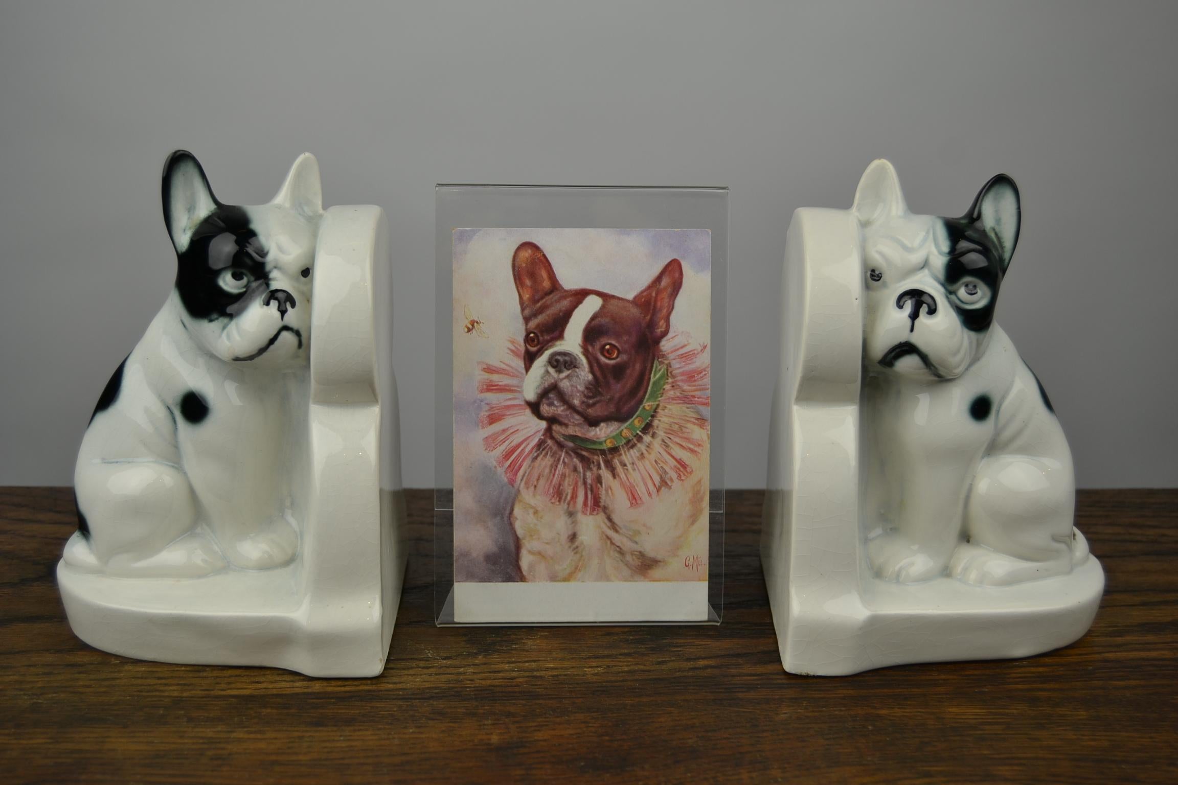 German Art Deco large bookends in the shape of French Bulldog - Bullie - Dog Figurine, circa 1930s.
This male and female dog statues - dog figurines have a lot of expression and are great to watch.
With old craquele patina. 
They have small