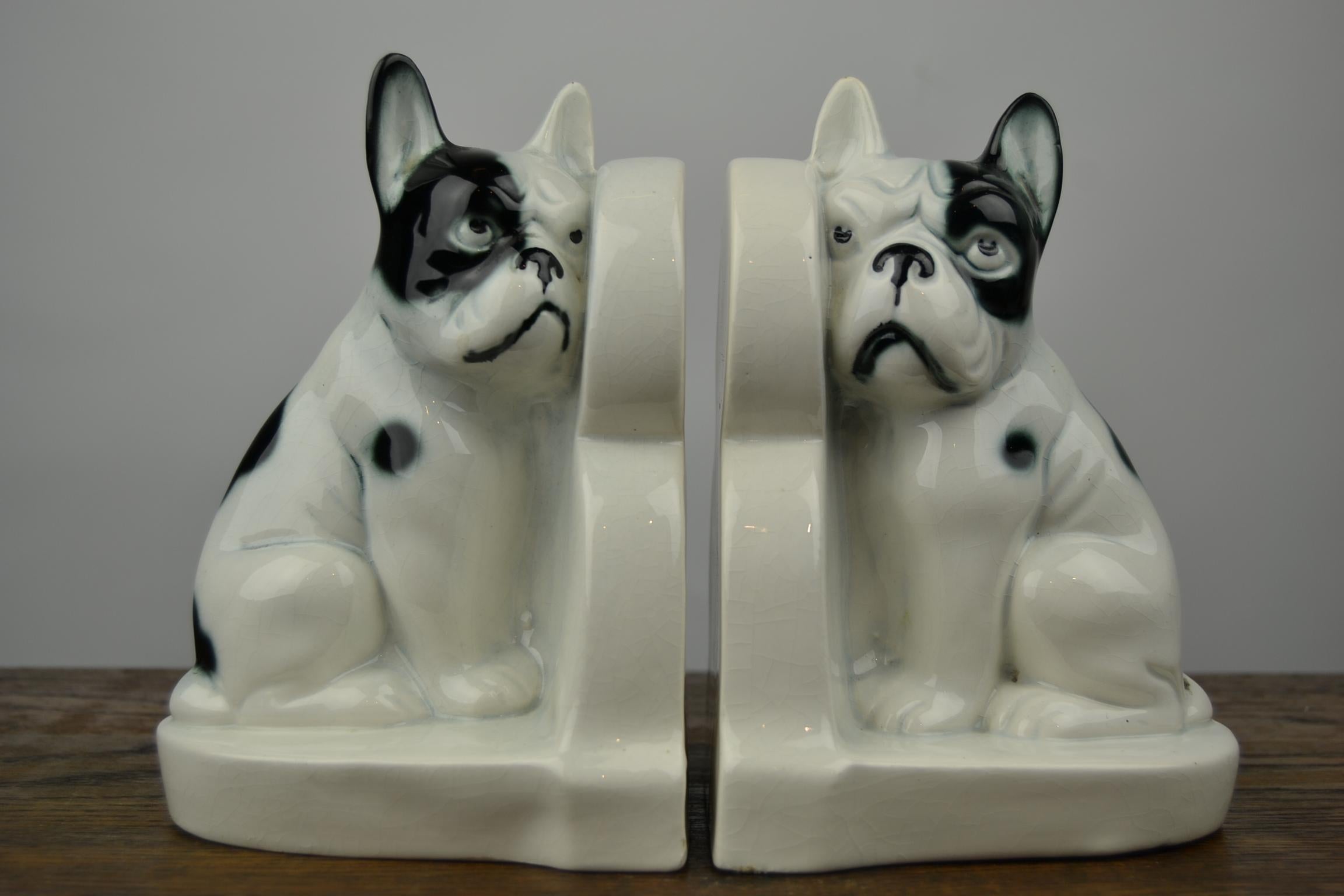 20th Century Art Deco Porcelain French Bulldog Bookends, Germany