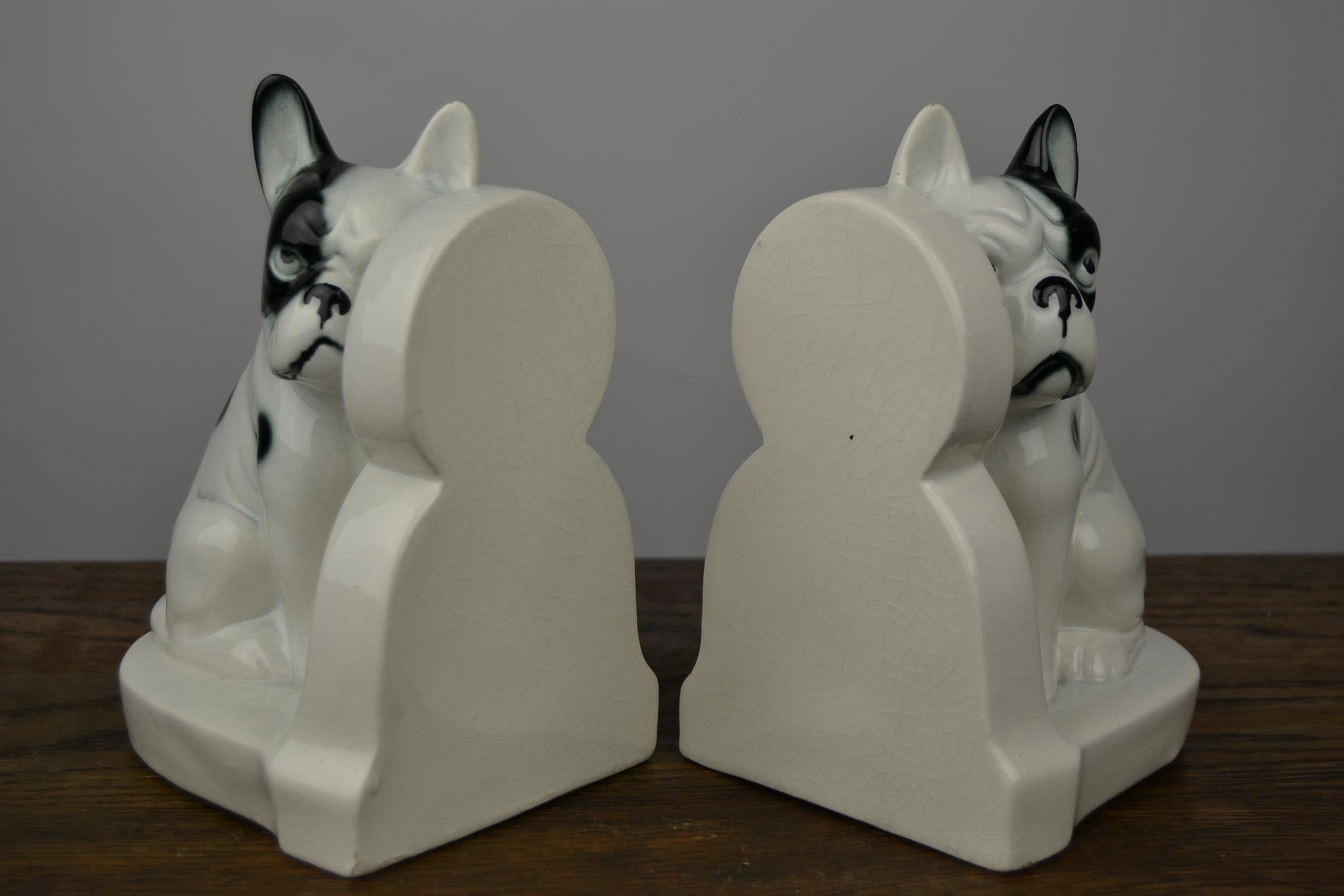 Art Deco Porcelain French Bulldog Bookends, Germany 1