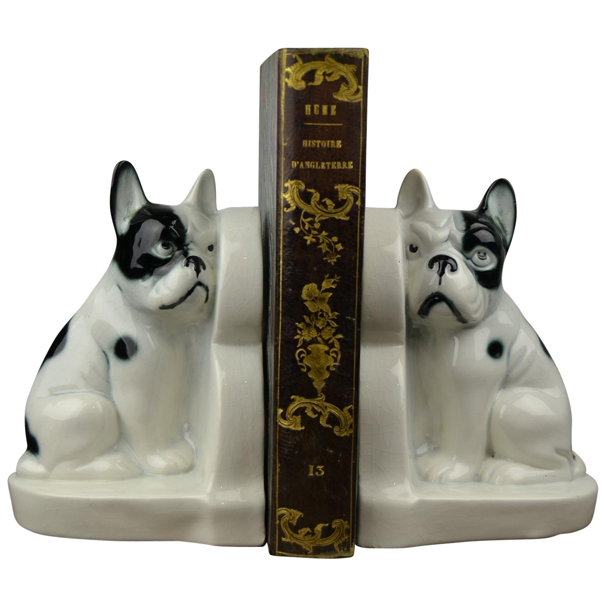 Art Deco Porcelain French Bulldog Bookends, Germany