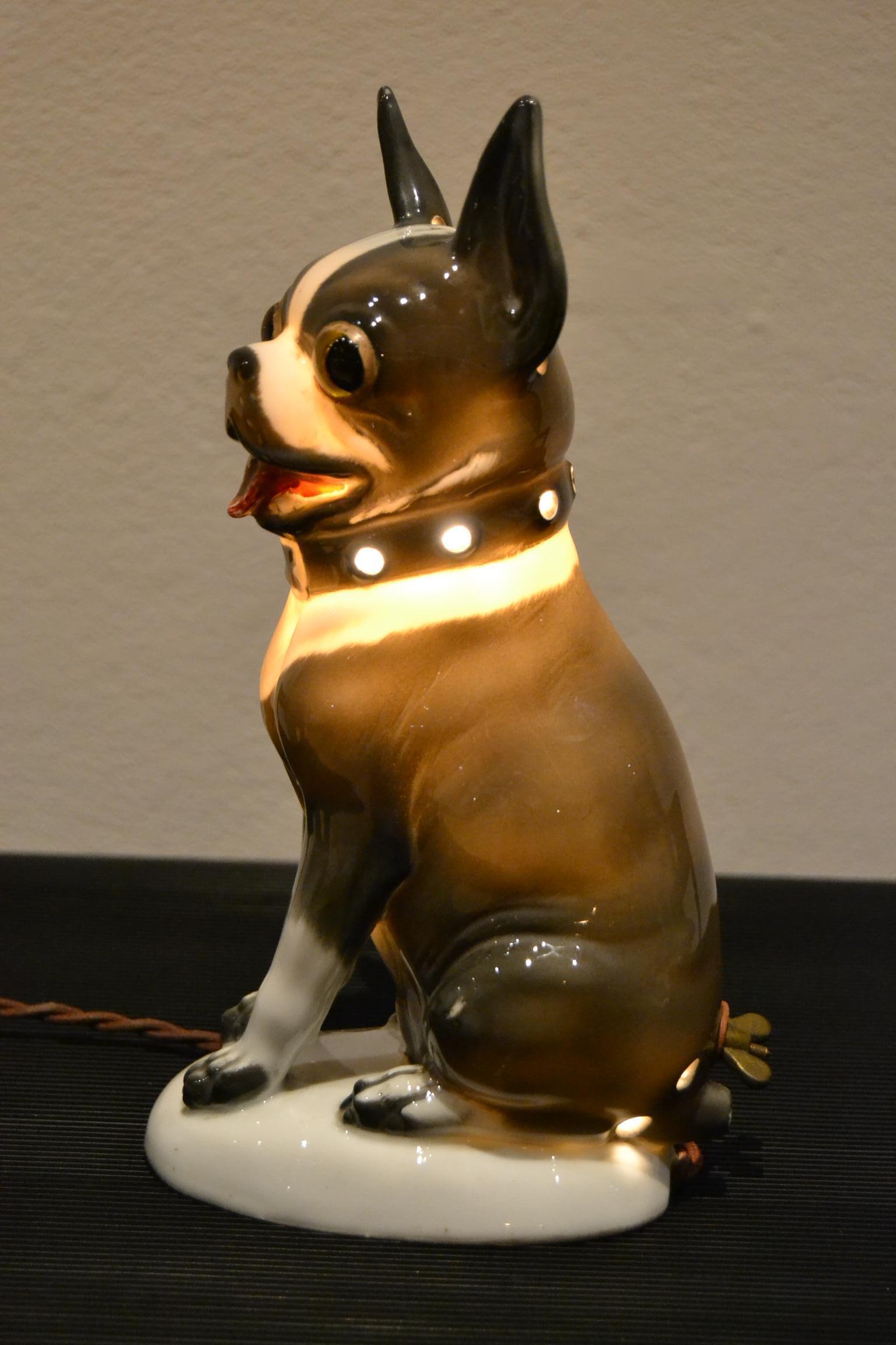 Art Deco Porcelain French Bulldog, Boston Terrier Perfume Lamp, Germany, 1930s In Good Condition In Antwerp, BE