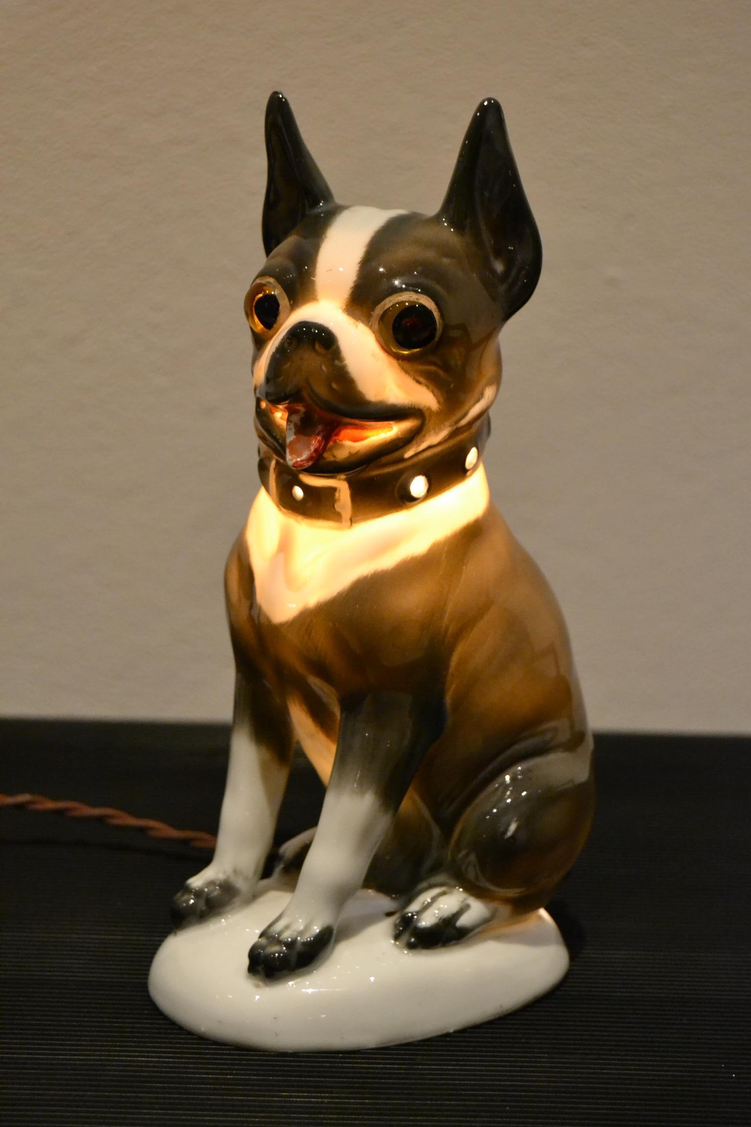 20th Century Art Deco Porcelain French Bulldog, Boston Terrier Perfume Lamp, Germany, 1930s