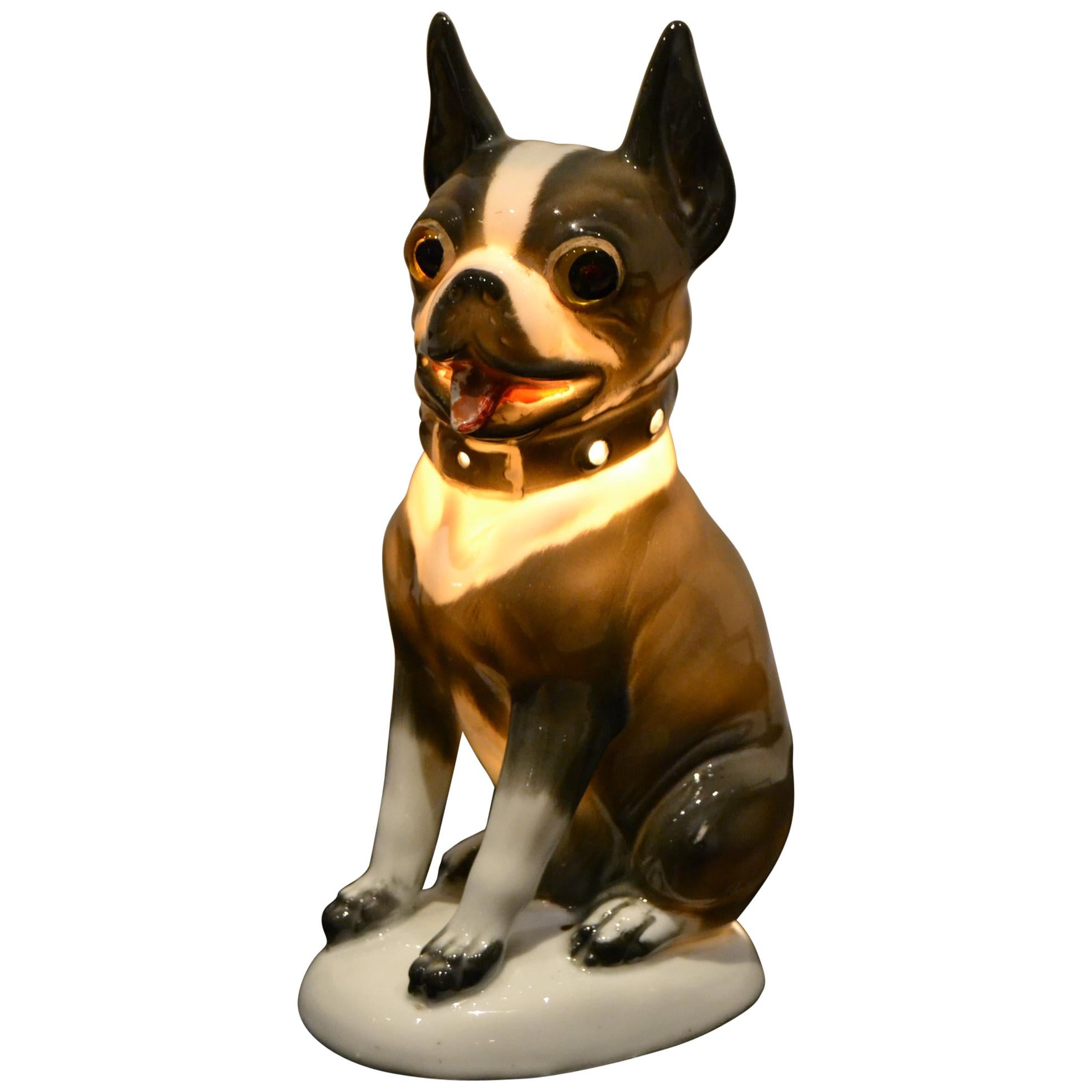 Art Deco Porcelain French Bulldog, Boston Terrier Perfume Lamp, Germany, 1930s