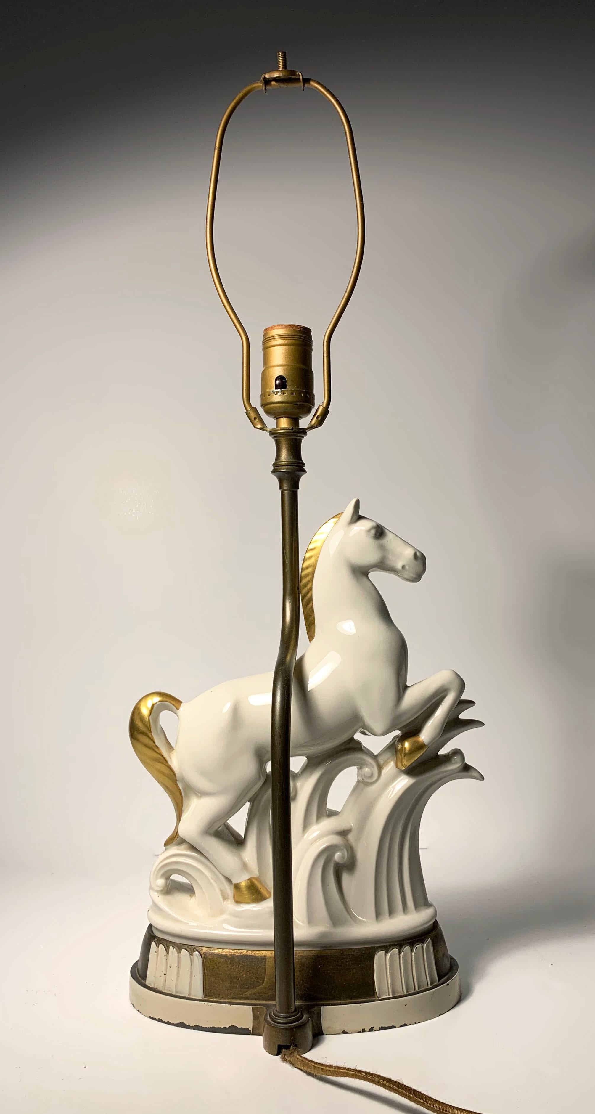 20th Century Art Deco Porcelain Horse Sculpture Lamp For Sale