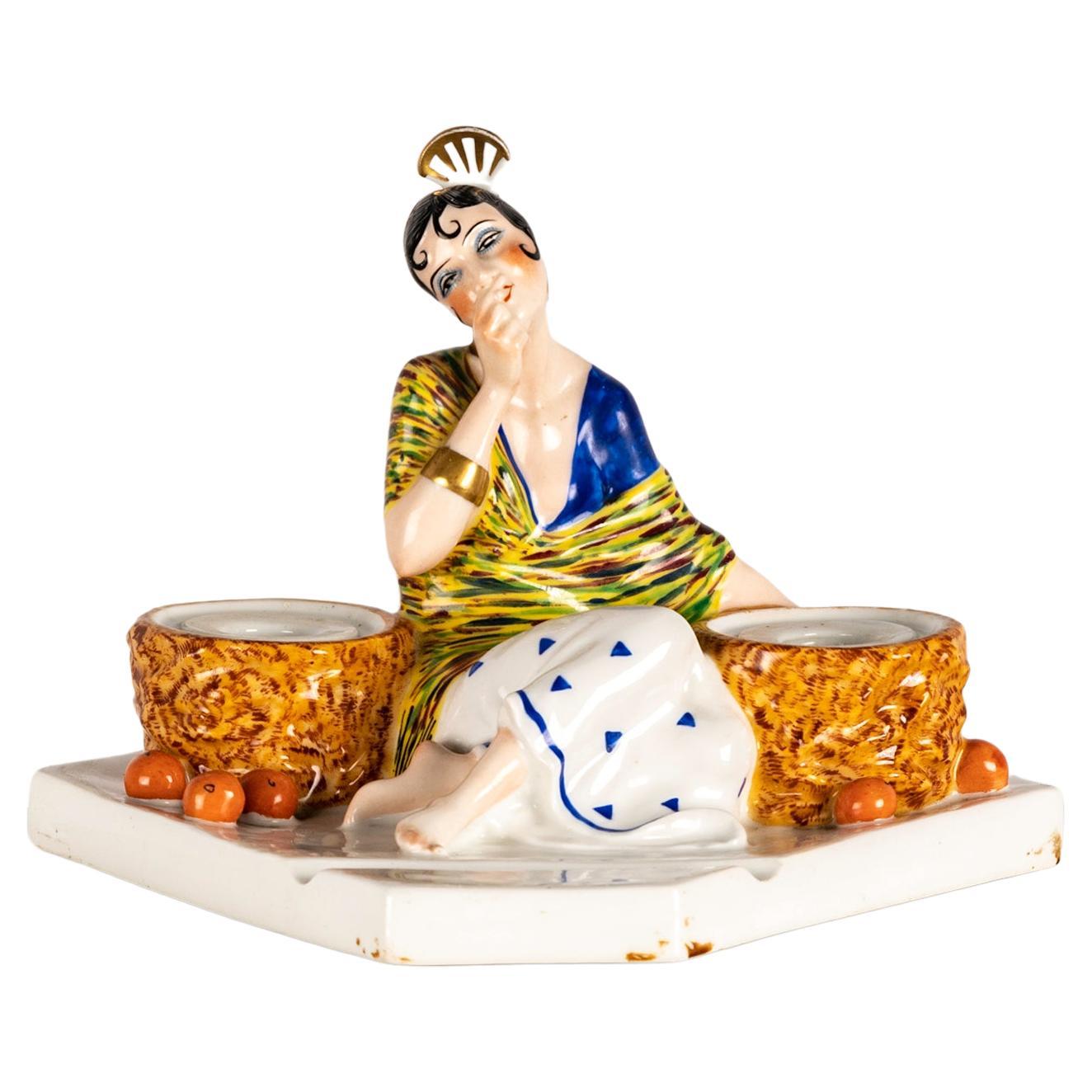 Art deco Porcelain Inkwell by A. Godard for Etling Paris, circa 1930 For Sale