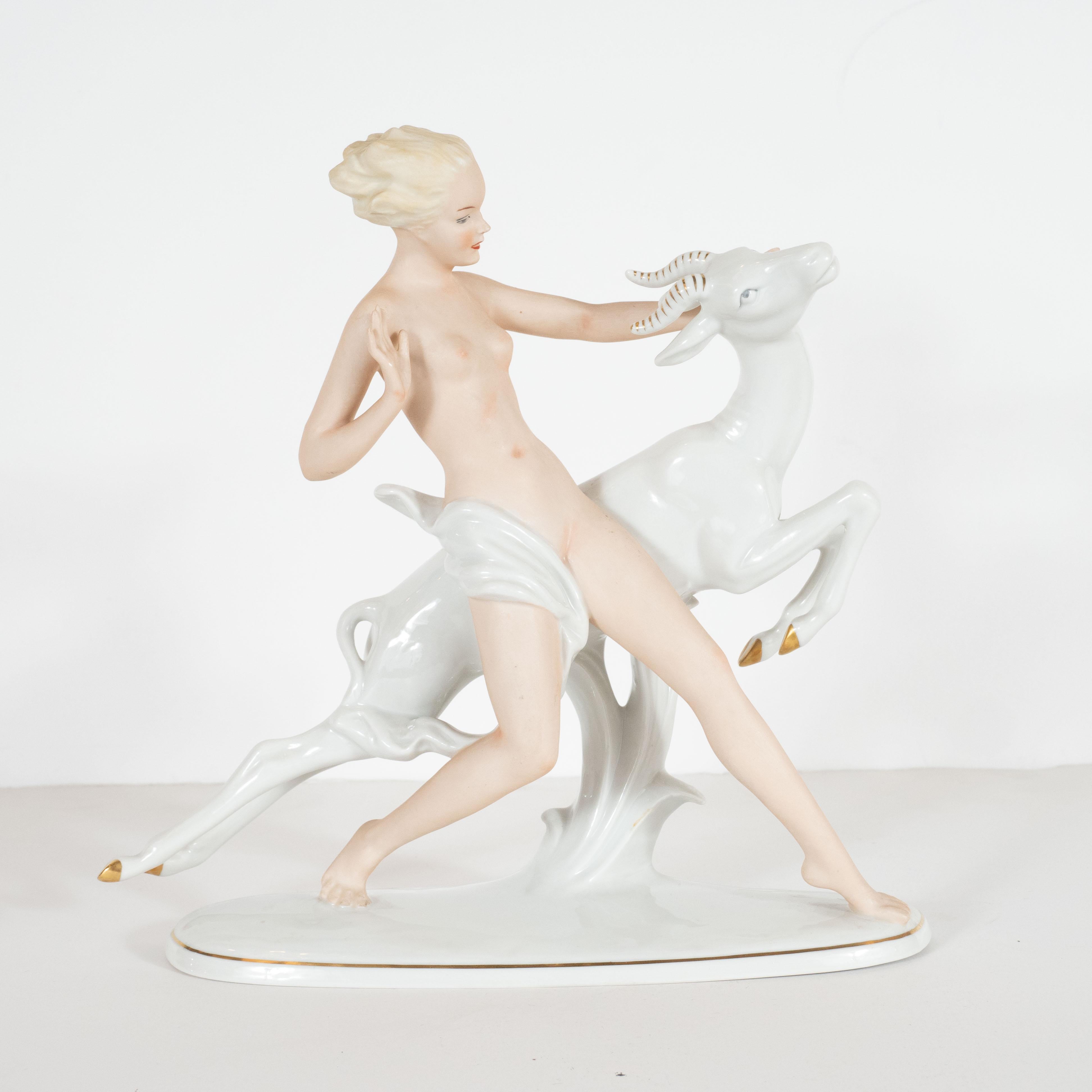 Art Deco Porcelain Statue of Female Figure with Leaping Ibex by Wallendorfer In Excellent Condition For Sale In New York, NY