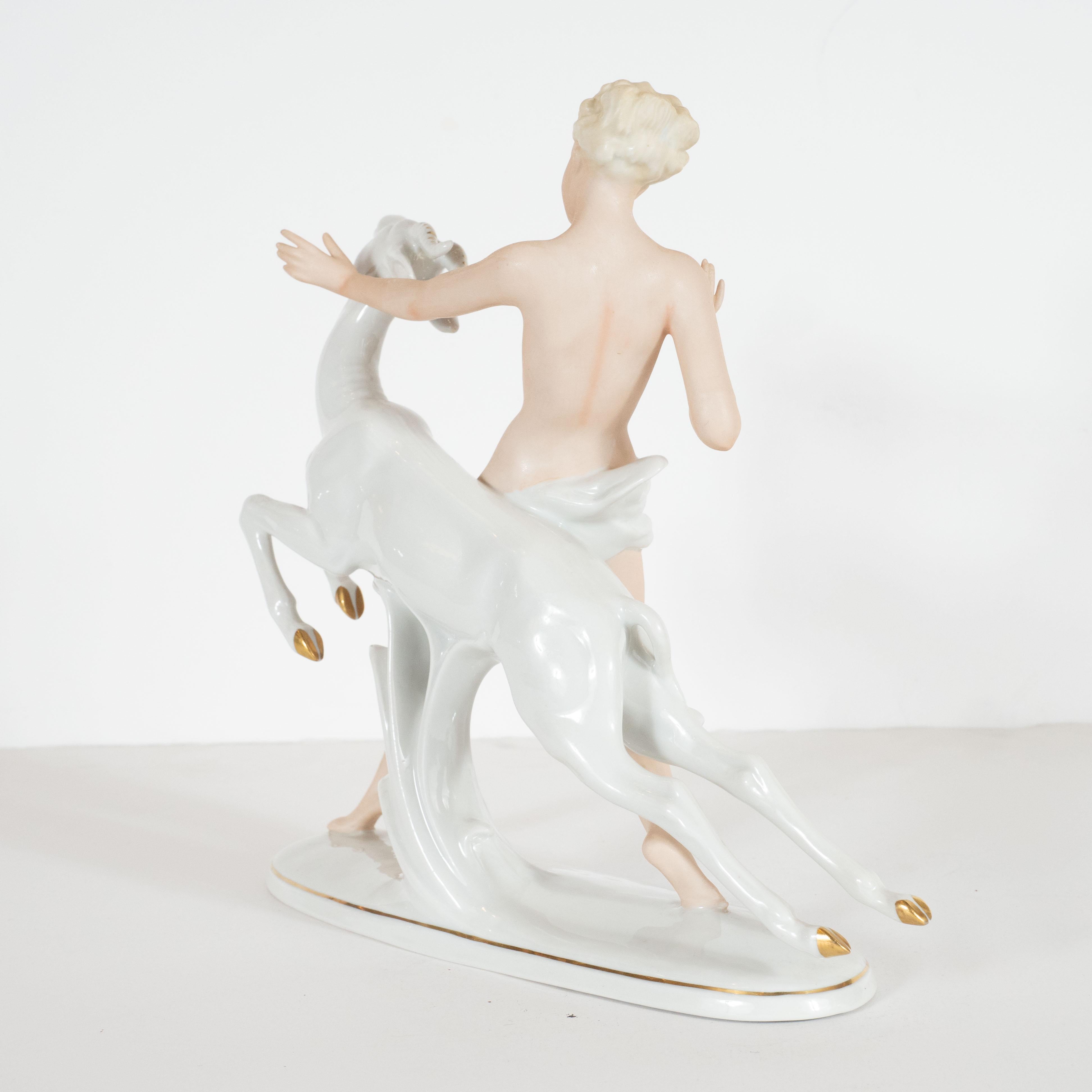 Mid-20th Century Art Deco Porcelain Statue of Female Figure with Leaping Ibex by Wallendorfer For Sale
