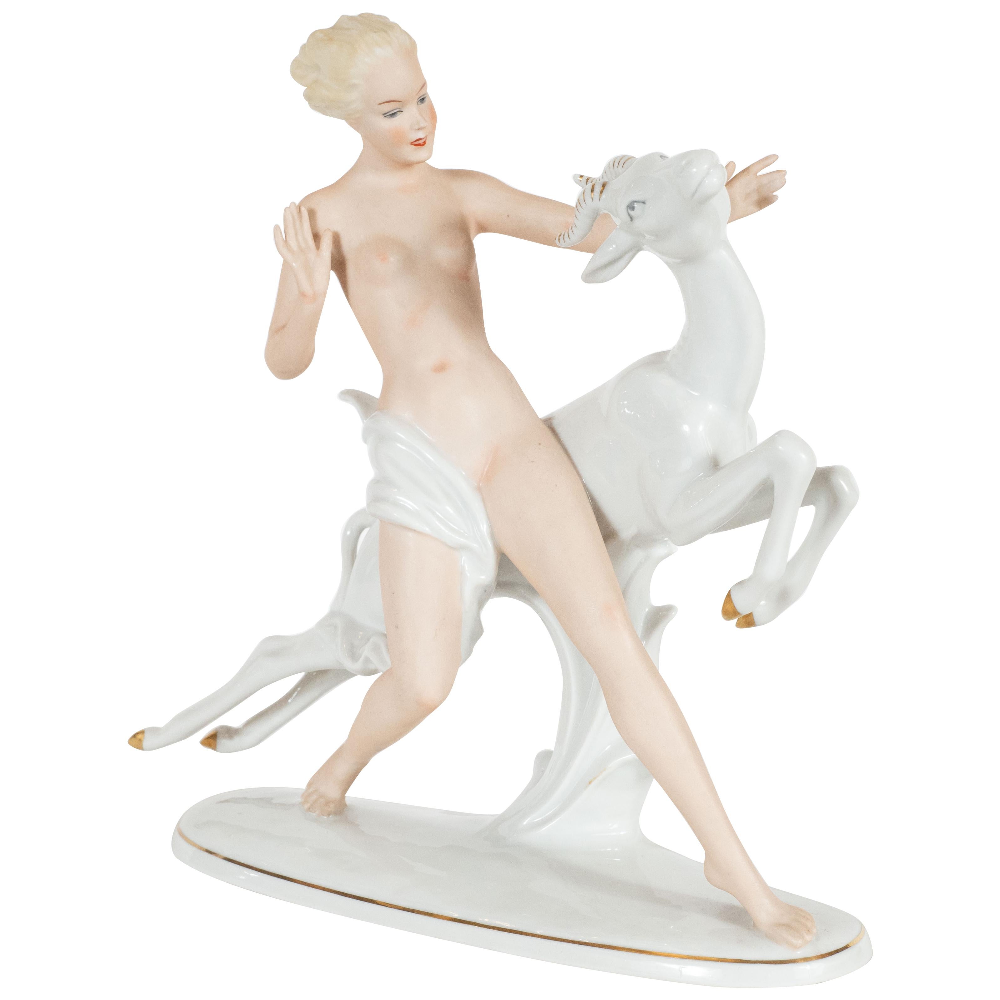 Art Deco Porcelain Statue of Female Figure with Leaping Ibex by Wallendorfer For Sale