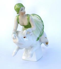 Art Deco Porcelain Trinket Dish Box, Half Doll Family, German 1930s