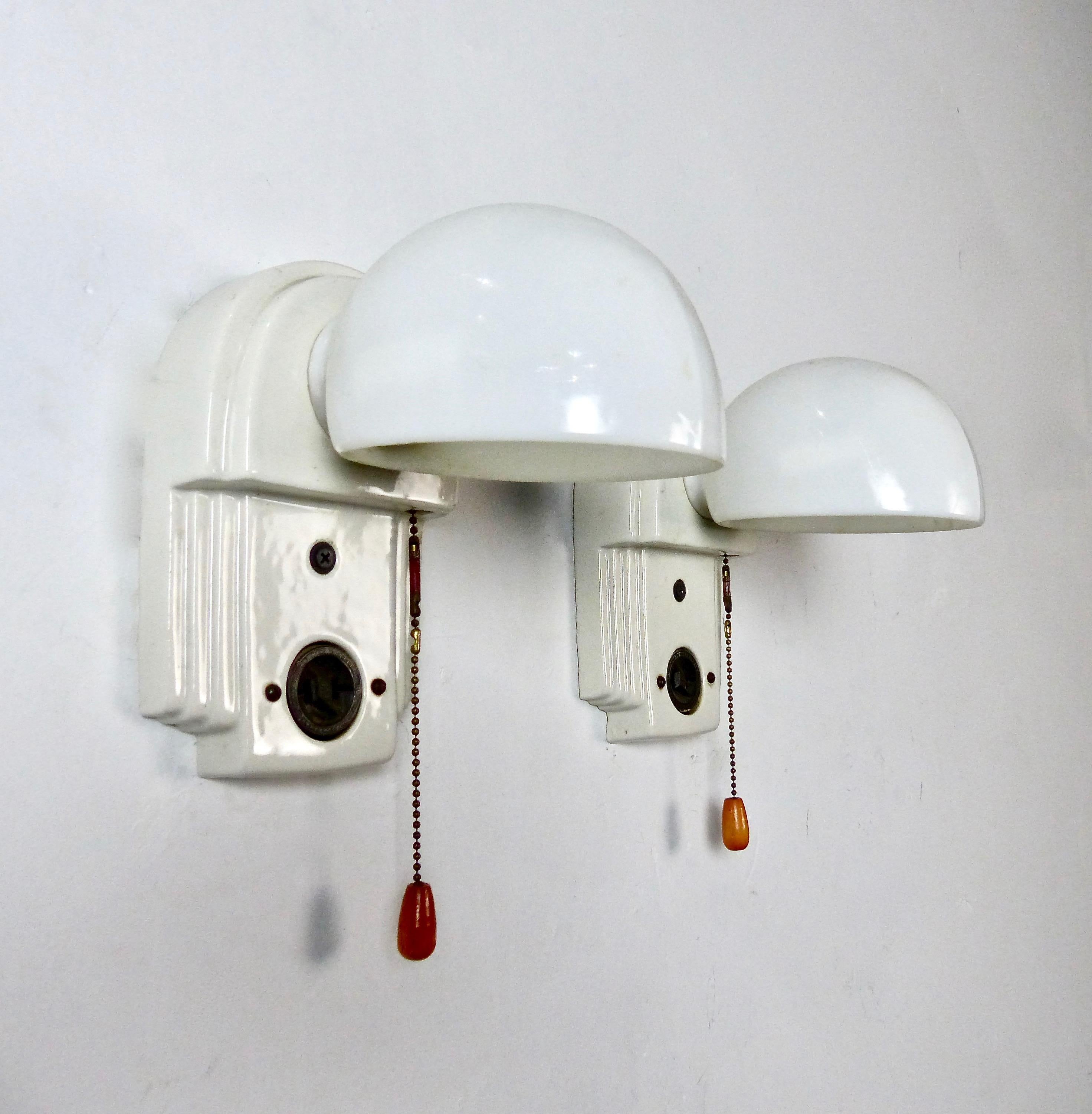 Art Deco Porcelain Wall Sconces with Milk Glass Shades In Good Condition In Surrey, BC