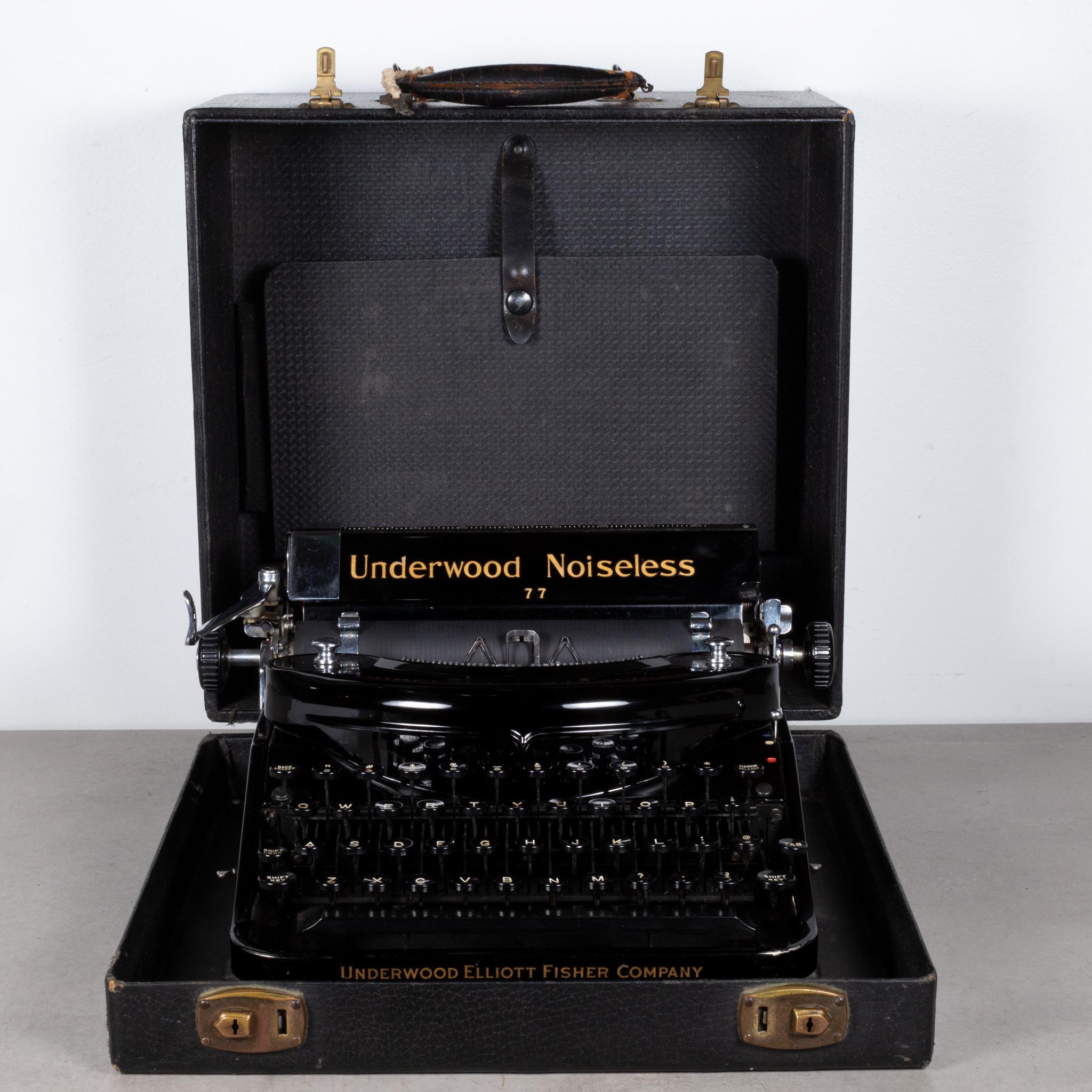 ABOUT

An original portable Art Deco Underwood Noiseless 77 typewriter in high gloss black finish and original leather case with key. Black and white keys. Original gold lettering. This typewriter is very clean and in good working order. It has