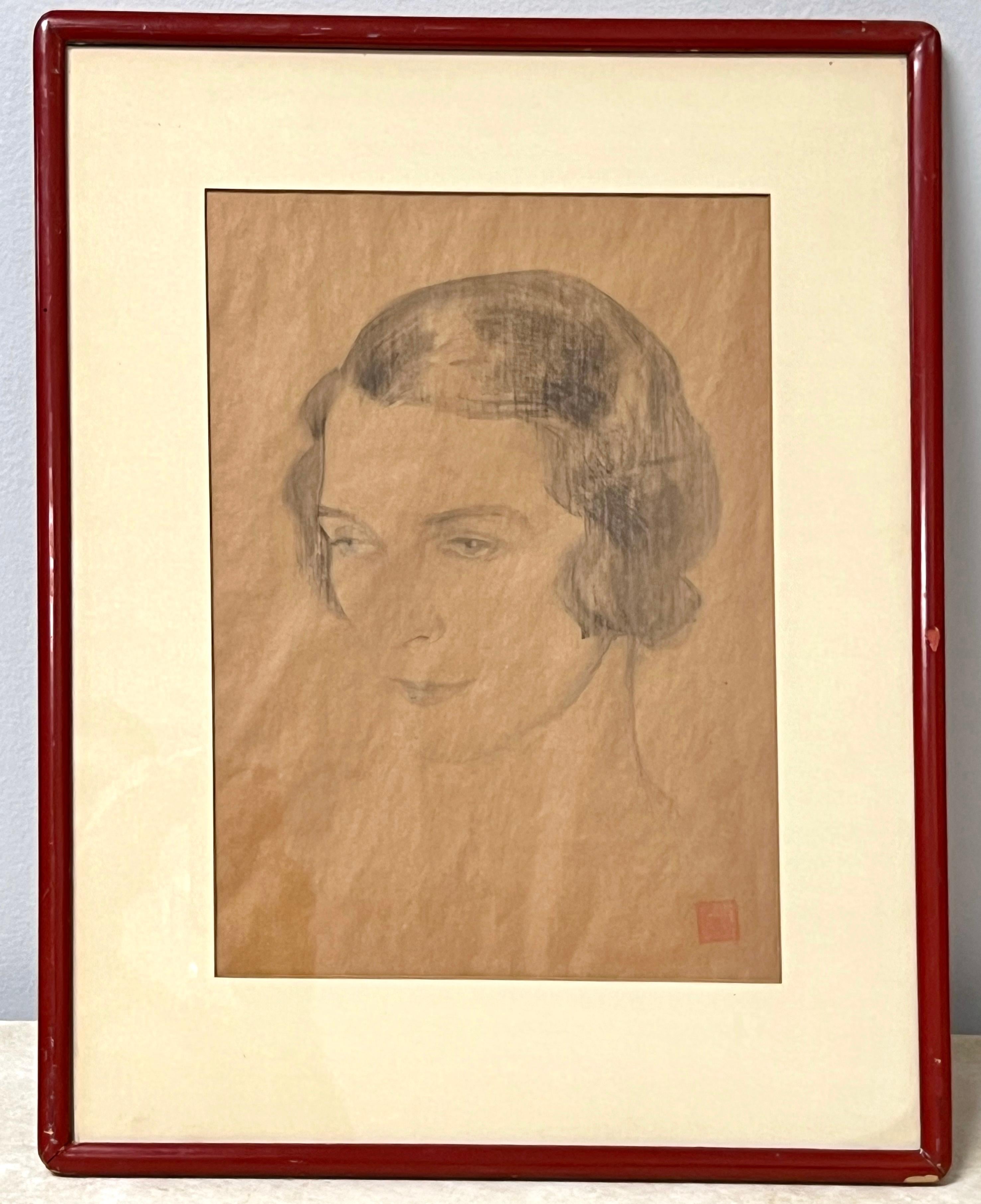 Eine Art-Deco-Porträtzeichnung von John Melza Sitton. Behält den originalen Deko-Lackrahmen. 