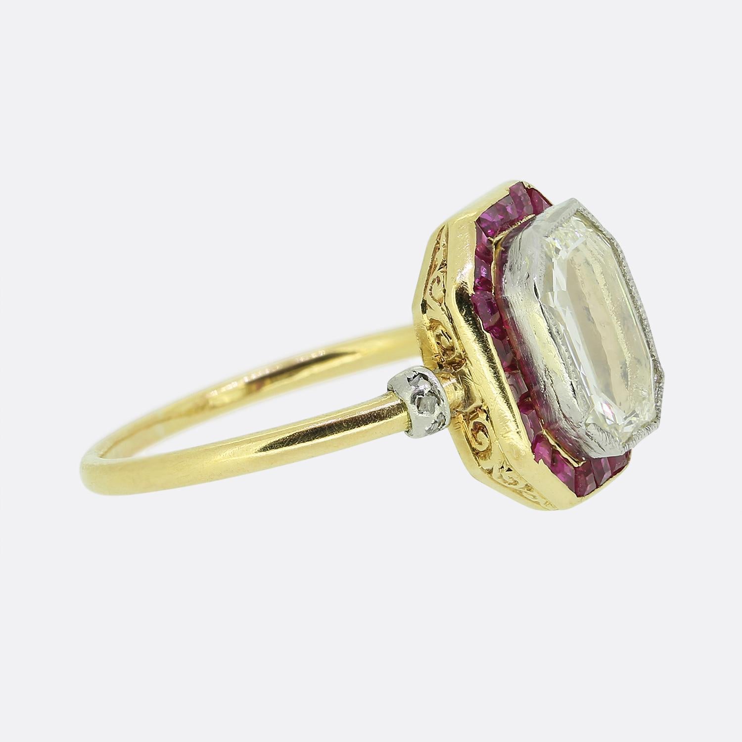 Portrait Cut Art Deco Portrait Diamond and Ruby Cluster Ring