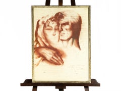 Art Deco Love Scene Pastel and Charcoal Painting, Signed, Circa 1949, Framed