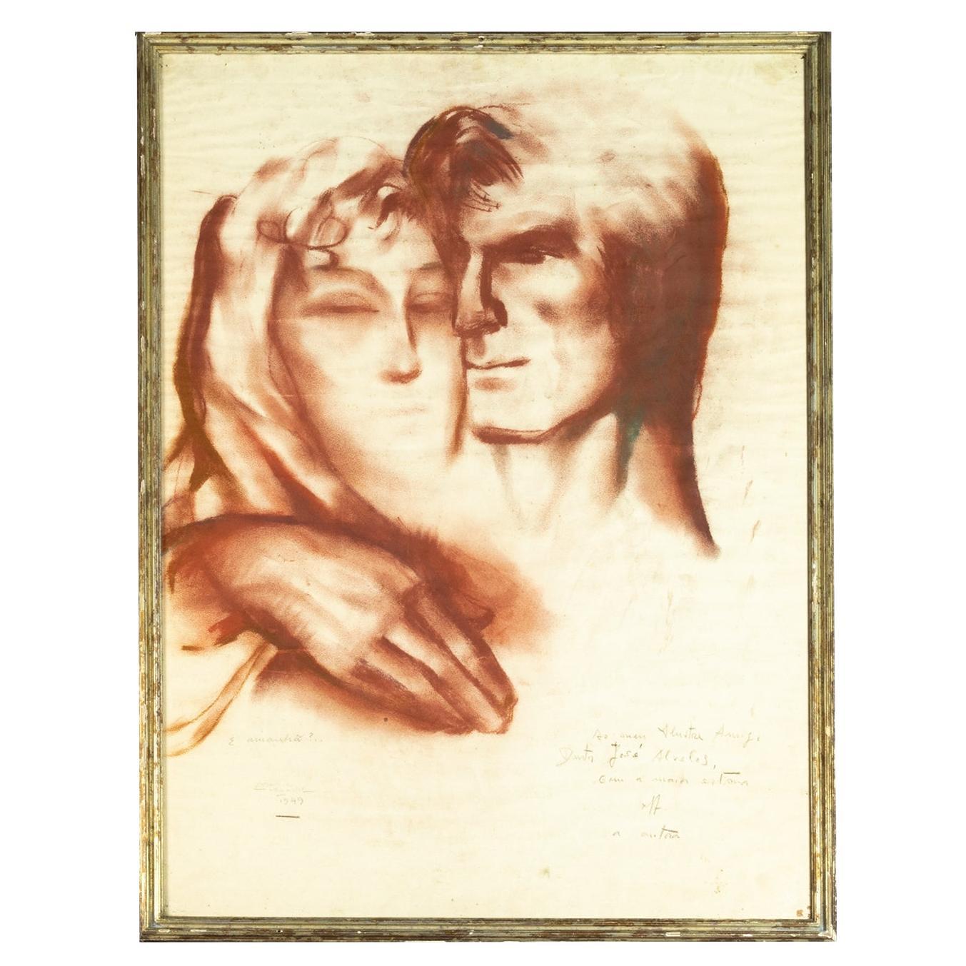 Art Deco Love Scene Pastel and Charcoal Painting, Signed, Circa 1949, Framed For Sale