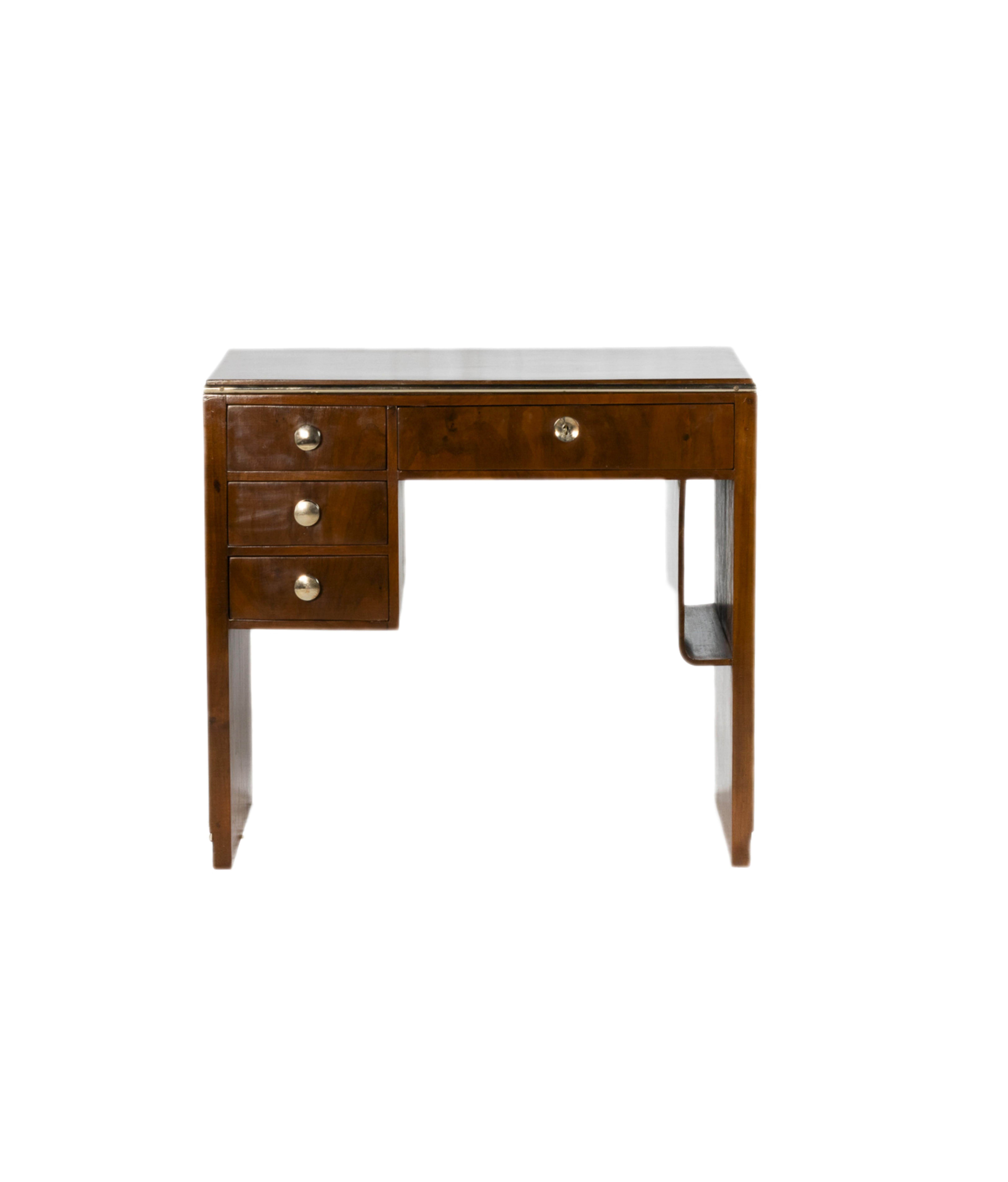 A  small desk in walnut and chromed details with newspaper holder on the right side, 3 drawers on the left side and a central one
Dimensions: 87x 49 cm 
78.5 cm height
Style: Art Deco (Of the Period)
Material: Walnut, wood, metal, chromed
Origin: