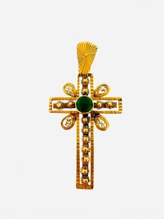 Art Deco Portuguese Yellow Gold Cross with Cabochon Emerald