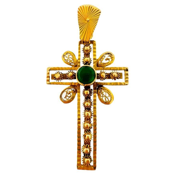 Art Deco Portuguese Yellow Gold Cross with Cabochon Emerald