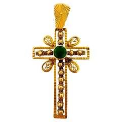 Antique Art Deco Portuguese Yellow Gold Cross with Cabochon Emerald