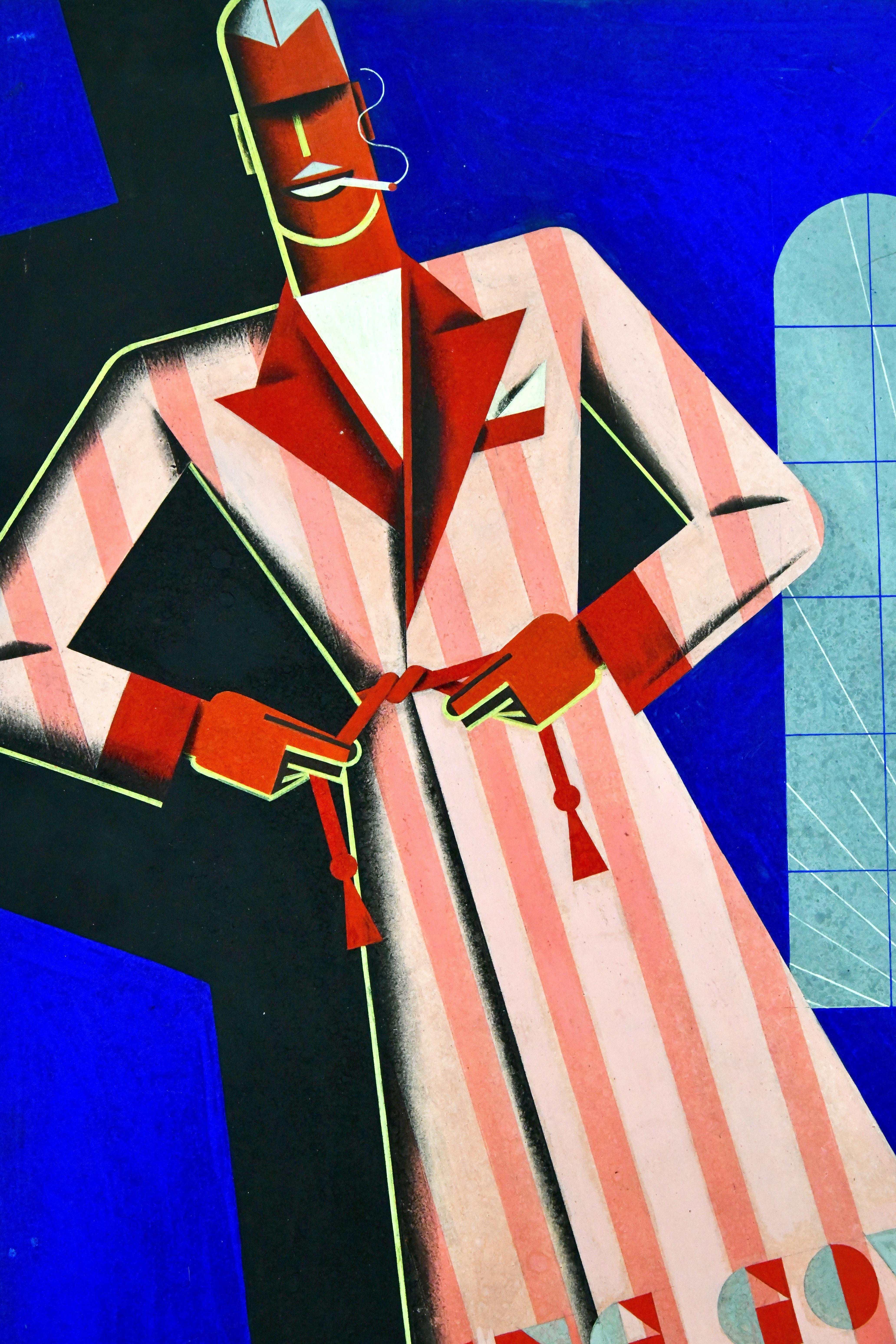 Art Deco poster design man in dressing gown by Theodor Kindel. Gouache on paper laid on board. Unframed. Austria 1920/1940. Theodor Kindel was a well known graphic artist who worked in Vienna between 1920-1940. He was the owner of a renowned Reclame